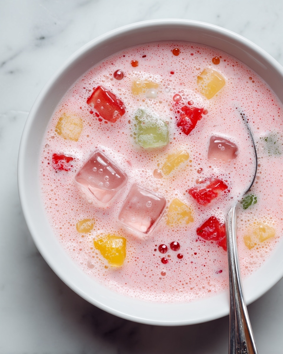 A top view of a round glass bowl filled with a pink frothy liquid mixed with ice cubes and small chunks of colorful fruit pieces in red, yellow, green, and dark blue, giving a fun and fresh look. A silver spoon is partly inside the bowl near the right edge, all placed on a white marbled surface. photo taken with an iphone --ar 4:5 --v 7
