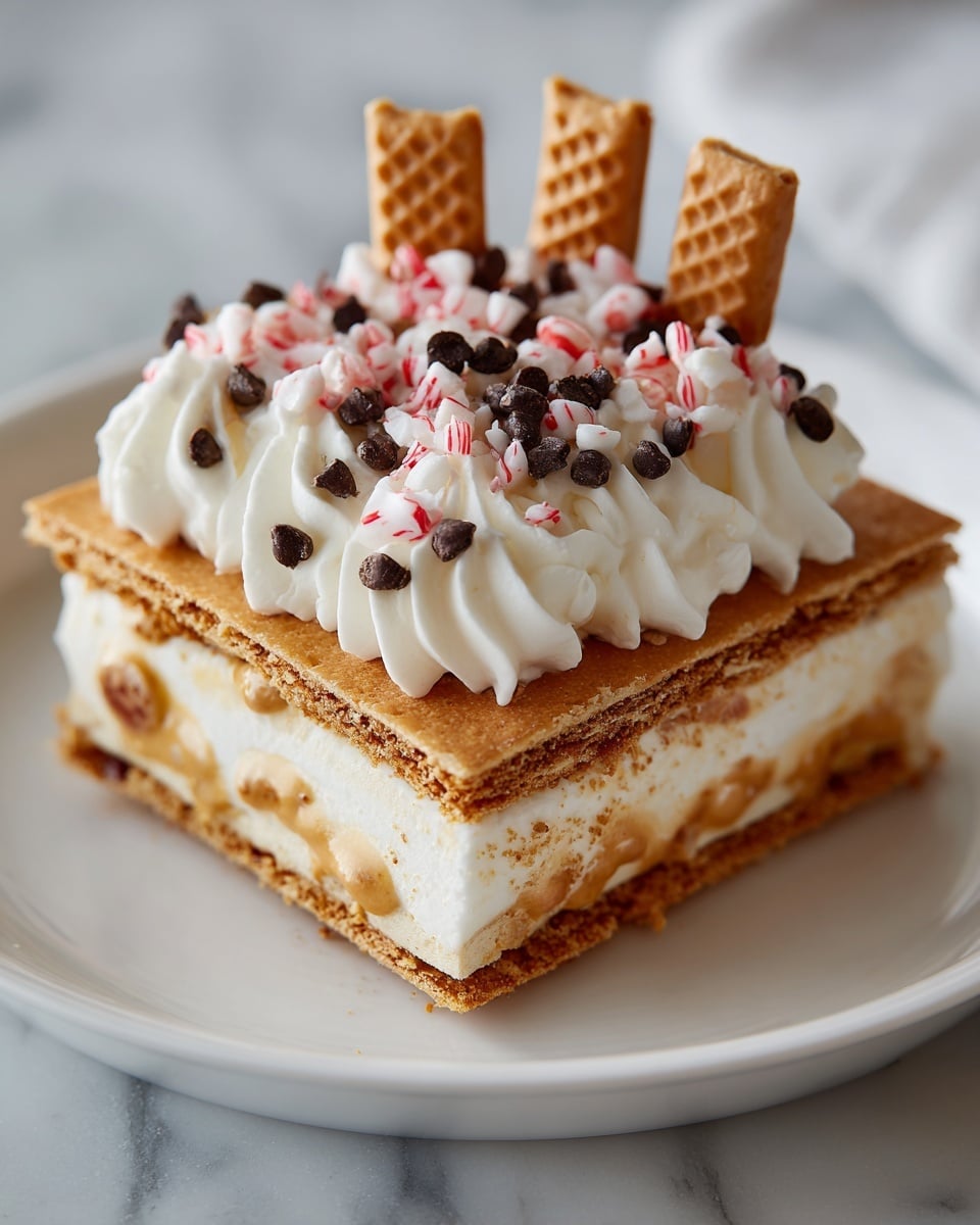 A square dessert with three main layers is shown on a white plate set on a white marbled surface. The bottom and top layers are light brown, crispy biscuit pieces with a slightly rough texture, while the middle layer is thick, creamy white filling mixed with bits of crushed red and white peppermint candy. The top biscuit layer is decorated with thick white whipped cream swirls, small dark brown chocolate chips, and round, textured light brown cookies placed evenly on top. More chocolate chips and crushed peppermint candy are scattered on the plate around the dessert. Photo taken with an iphone --ar 4:5 --v 7