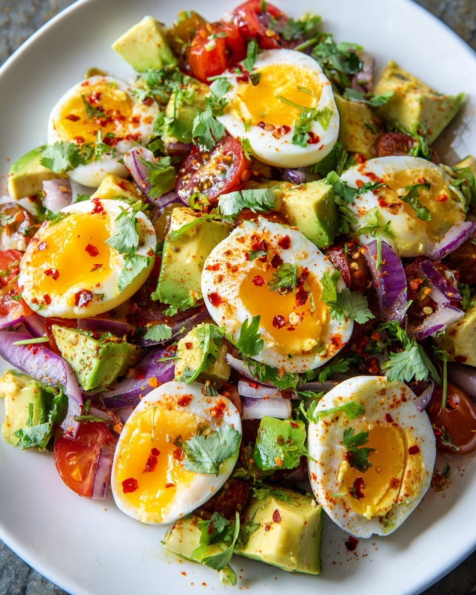A white plate holds a fresh salad with three main visible layers. The bottom layer is a mix of halved cherry tomatoes and small bits of red onion, creating a red and purple base. On top, there are chunks of green avocado scattered evenly across the plate. The top layer features six halves of boiled eggs with bright yellow yolks, slightly soft in the center, and white egg whites. The eggs are sprinkled with small green leaves of cilantro and red chili flakes for color and texture contrast. The photo is taken with an iphone --ar 4:5 --v 7