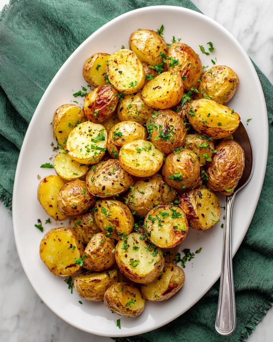 A white oval plate filled with roasted baby potatoes cut into halves, showing crispy golden brown skins and soft yellow inside. The potatoes are seasoned with green chopped herbs and small black pepper bits scattered on top. The plate sits on a white marbled surface with a green cloth napkin nearby, and a silver spoon partially visible on the right side. photo taken with an iphone --ar 4:5 --v 7