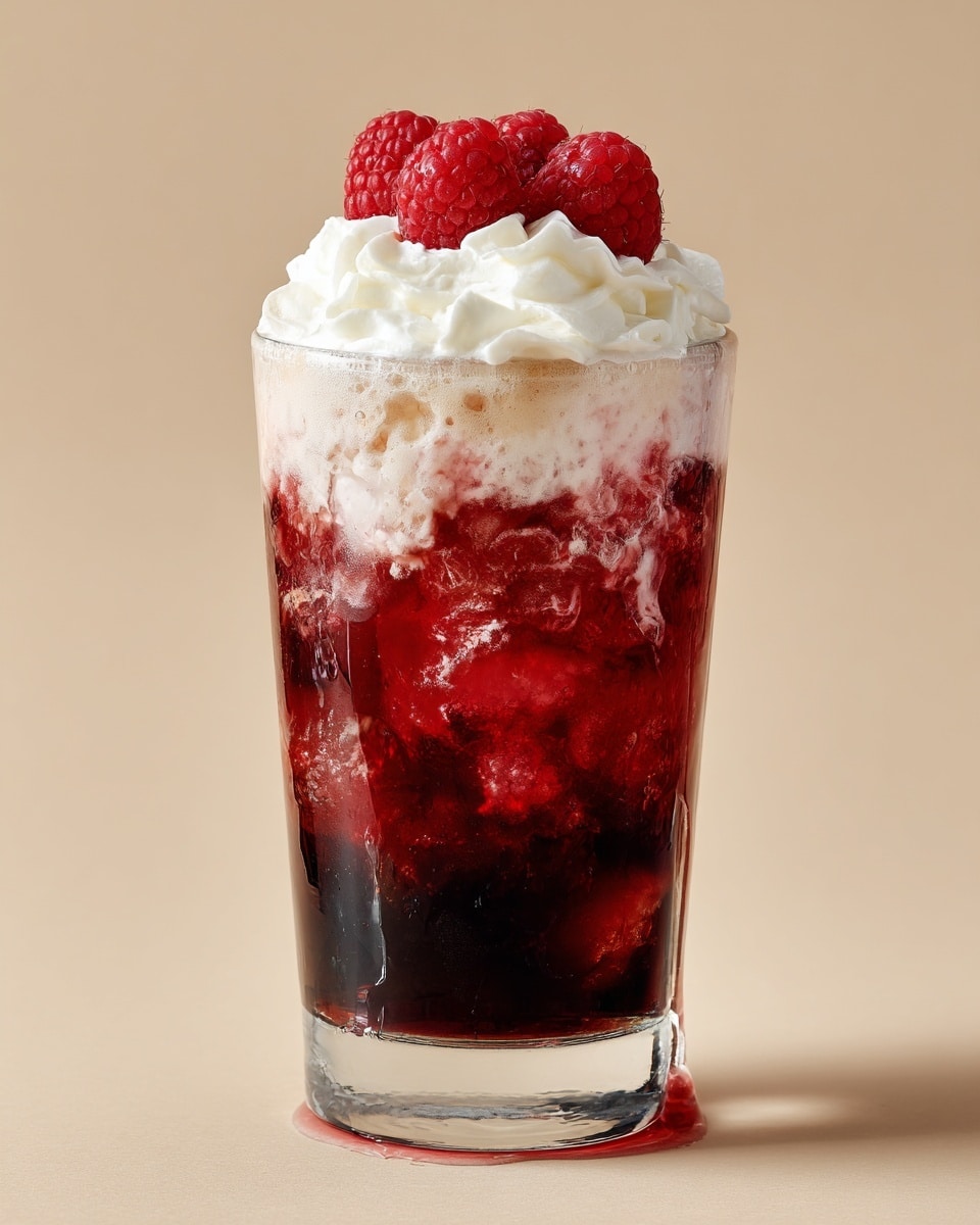 A tall, clear glass filled with a three-layered drink resting on a white marbled surface; the bottom layer is a bright red raspberry syrup that shows through the glass vividly, the middle layer is a dark brown soda with visible carbonation bubbles, and the top layer is thick, creamy white foam spilling slightly over the edge. On top of the foam, there are three fresh red raspberries arranged together, and a small dollop of whipped cream is nestled behind them. Photo taken with an iphone --ar 4:5 --v 7
