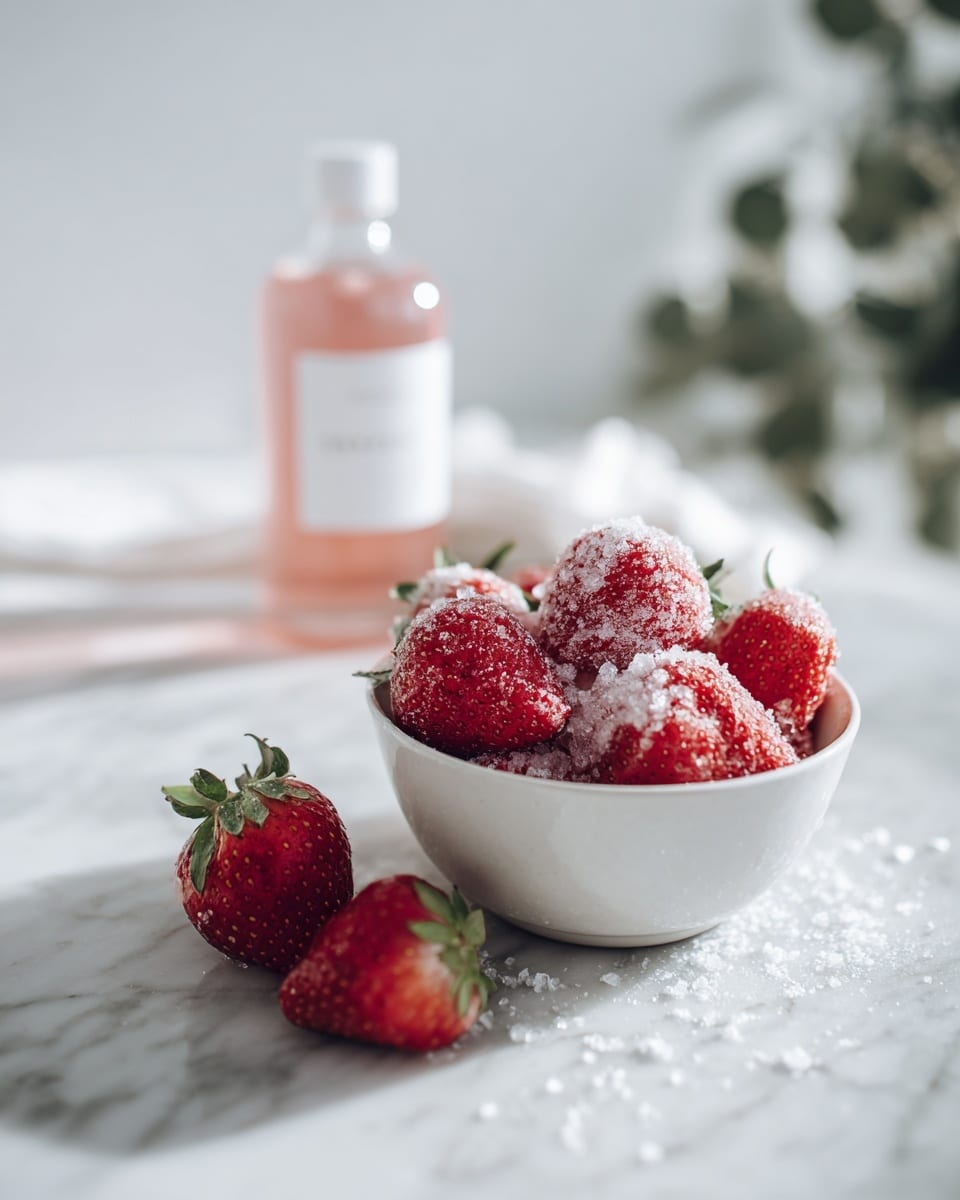 A white bowl filled with big strawberries coated in white sugar crystals sits on a white marbled surface, with some sugar spilled around. Two fresh red strawberries with green leaves lie in front of the bowl. In the background, there is a clear glass bottle with a light pink liquid and a white label. The overall scene is bright and clean with soft natural light. photo taken with an iphone --ar 4:5 --v 7