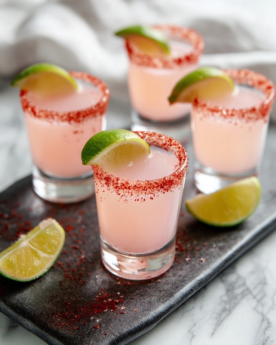 Four clear small shot glasses filled with a light pink liquid are arranged on a white marbled surface, three placed on a black tray and one in front. Each glass has a rim coated with a reddish-brown spicy mix and is topped with a bright green lime wedge resting on the rim. Another lime wedge lies flat on the white marbled surface near the front glass. The overall setting is bright and clean, highlighting the colors of the drink and lime slices. photo taken with an iphone --ar 4:5 --v 7