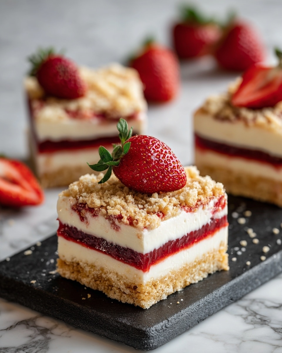 The image shows a square strawberry crumb bar with four visible layers. The bottom layer is a light brown crumbly crust. Above that is a bright red strawberry jam layer, topped by a thick white creamy layer. The top layer is a golden crumb topping with some pink streaks mixed in. On top of the dessert are two fresh strawberries, one whole with green leaves and one cut in half showing its red interior. The dessert sits on a black textured square slate, with more fresh strawberries scattered around it on a white marbled surface. In the background, two more strawberry crumb bars are out of focus. photo taken with an iphone --ar 4:5 --v 7