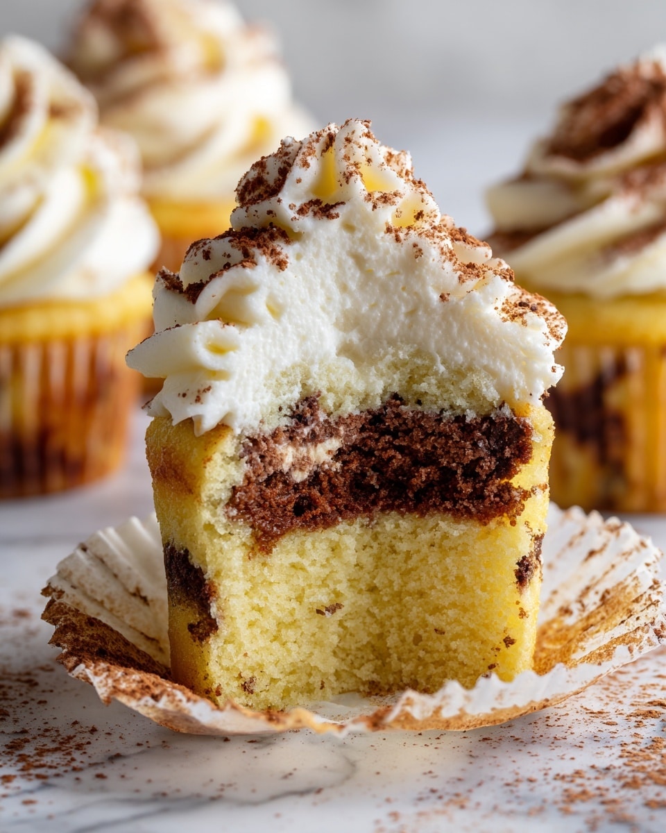 A close-up of a cupcake with three visible layers: the bottom layer is a light yellow cake with dark chocolate spots, the middle layer is a creamy white filling, and the top layer is a swirl of white frosting dusted with cocoa powder, sitting on a white marbled surface sprinkled with cocoa powder. In the background, four more cupcakes are out of focus, each topped with whipped frosting and some with small chocolate curls. Photo taken with an iphone --ar 4:5 --v 7