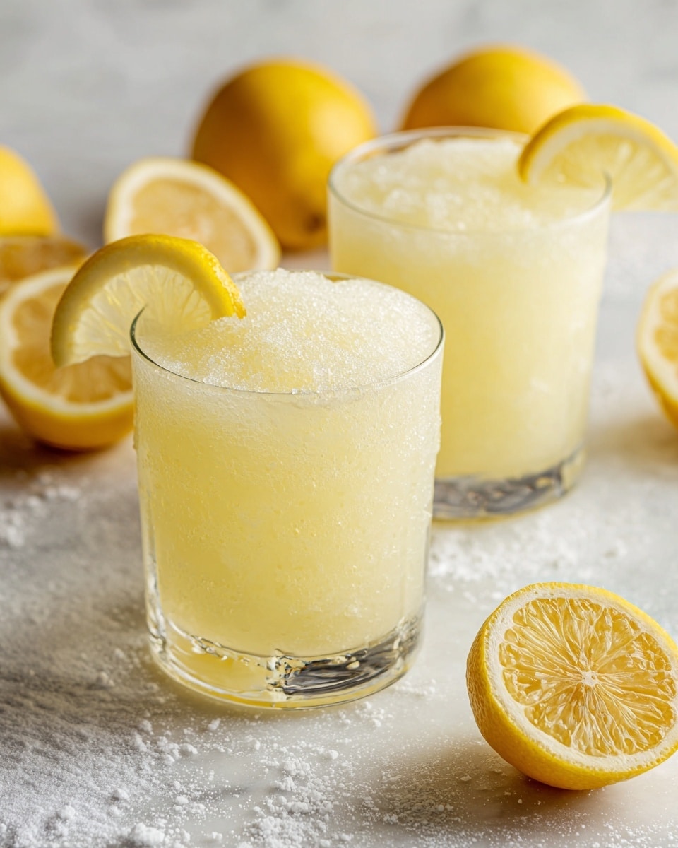 The image shows two clear short glasses filled with a light yellow, icy drink topped with frothy bubbles, each glass garnished with a thin lemon wedge on the rim. The glasses rest on a white marbled surface, dusted lightly with white powder, and there are several whole and halved lemons scattered around in the background, adding a fresh, bright touch. The texture of the drink looks cold and slushy, capturing a refreshing moment. photo taken with an iphone --ar 4:5 --v 7