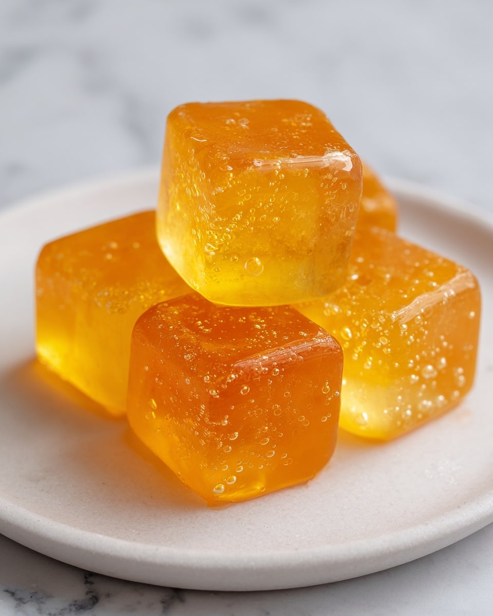 The image shows several translucent orange jelly cubes placed closely together on a white plate with a thin brown rim. Each cube has smooth, shiny surfaces with small bubbles inside and droplets of water on top, giving them a fresh, wet look. The jelly cubes are stacked slightly unevenly, showing their three-dimensional shape and glossy texture. The background is a white marbled surface softly lit to highlight the jelly’s clear, gelatin-like consistency and warm color. photo taken with an iphone --ar 4:5 --v 7