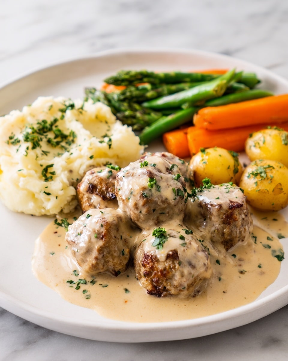 The image shows a white plate filled with a dish that has about ten pieces of browned meat patties, each topped with a light beige creamy sauce sprinkled with green herbs. To the side of the meat, there is a serving of smooth, creamy mashed potatoes also sprinkled with chopped green herbs. At the back of the plate, colorful cooked vegetables like orange carrots, green asparagus, and small golden potato pieces add variety. The plate sits on a white marbled surface. Photo taken with an iphone --ar 4:5 --v 7