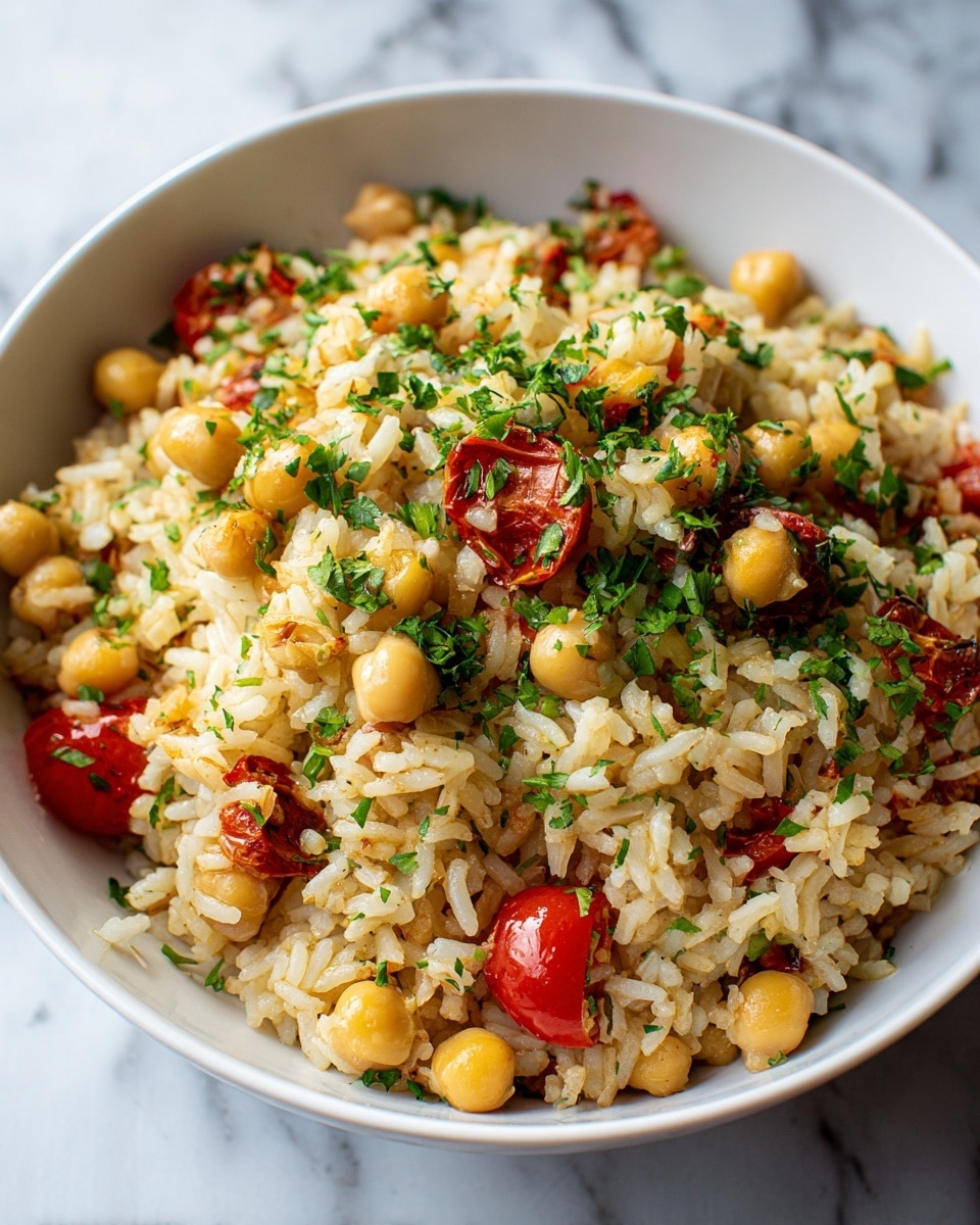 A close-up view of a bowl filled with cooked rice mixed with chickpeas, small tomato pieces, and finely chopped green herbs scattered on top. The rice is lightly browned with a slightly oily texture, and the chickpeas are plump and yellowish. The tomato chunks are soft and bright red, evenly spread throughout the rice. The bowl is white, and the dish looks warm and fresh against a white marbled texture surface in the background. Photo taken with an iphone --ar 4:5 --v 7