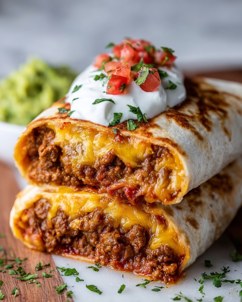 A close-up view of two stacked rolled tortillas filled with three layers: the bottom layer is melted golden-yellow cheese flowing out, the middle layer is a rich, crumbled cooked ground beef with some tomato bits, and the top is the slightly crispy tortilla with a warm golden brown color. On top of the top tortilla, there is a dollop of white sour cream, fresh red diced tomatoes, and green chopped cilantro as garnish. In the blurred background, there is a scoop of green guacamole on a white marbled textured surface with some scattered cilantro leaves and tomato pieces around. Photo taken with an iphone --ar 4:5 --v 7