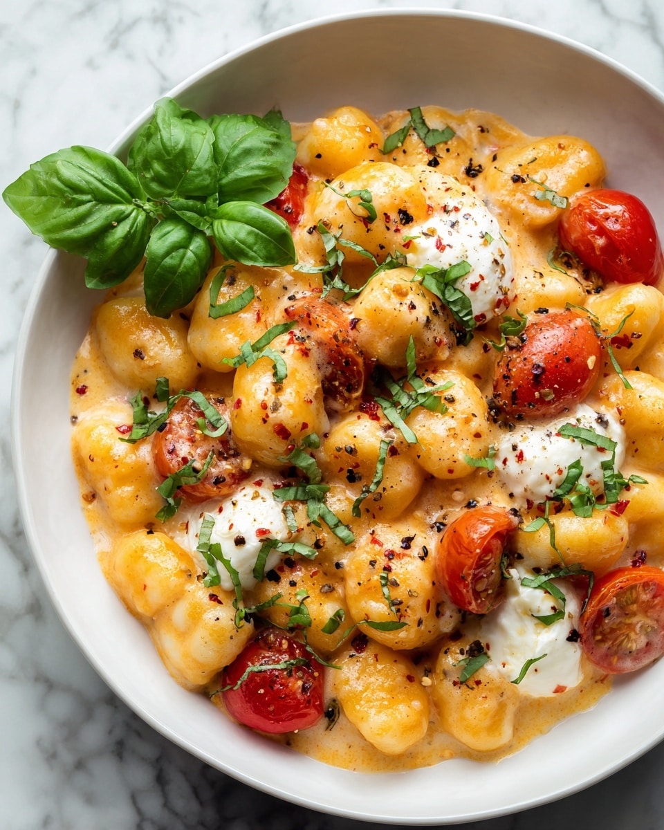 A close-up view of a creamy gnocchi dish in a white bowl, showing soft, plump gnocchi in a thick orange-yellow sauce with visible streaks of melted cheese. The dish is dotted with small whole red and orange cherry tomatoes and garnished with fresh chopped green basil leaves and whole basil leaves on the side. There are several white dollops of creamy cheese, speckled with ground black pepper, spread across the top. The sauce looks rich and smooth, contrasting with the glossy tomatoes and fresh herbs, all set against a white marbled surface. photo taken with an iphone --ar 4:5 --v 7