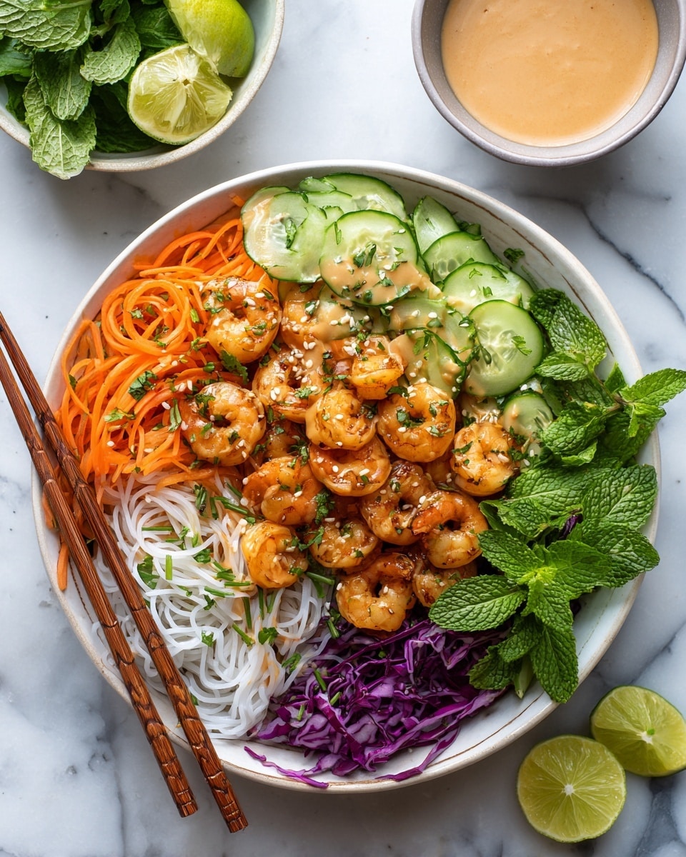 A white bowl filled with a layered shrimp noodle salad sits on a white marbled surface. The bottom layer is thin white rice noodles, topped with cooked shrimp that have slight char marks giving an orange-pink color. Scattered over the shrimp are thin purple cabbage shreds and curled bright orange carrot ribbons. Thin green cucumber slices are spread around, all drizzled with a creamy light brown peanut sauce. Fresh green mint and cilantro leaves are sprinkled on top with some small red chili bits adding a pop of color. Wooden chopsticks are picking up some noodles and shrimp from the bowl. A green cloth napkin and a small bowl of lime wedges and fresh green herbs are nearby, along with a small bowl of extra peanut sauce. photo taken with an iphone --ar 4:5 --v 7