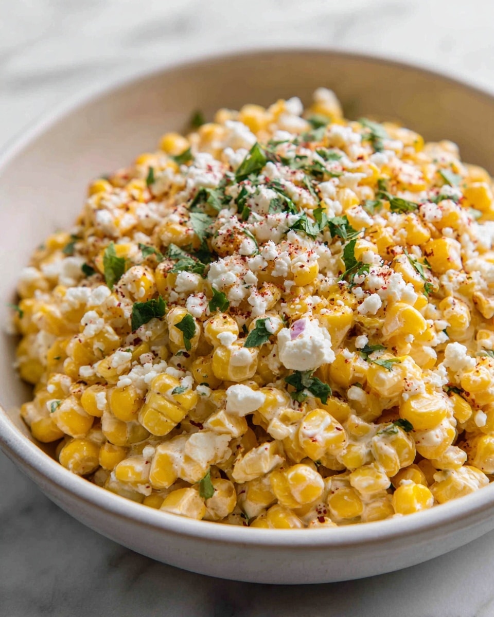 The image shows a close-up of a bowl filled with creamy corn topped with crumbled white cheese, chopped green herbs, and a sprinkle of red chili powder. The corn kernels are bright yellow and shiny, mixed with a thick layer of white creamy sauce covering most of the dish. The toppings are spread evenly across the top, adding texture and color contrast. The bowl is white, sitting on a white marbled surface. Photo taken with an iphone --ar 4:5 --v 7