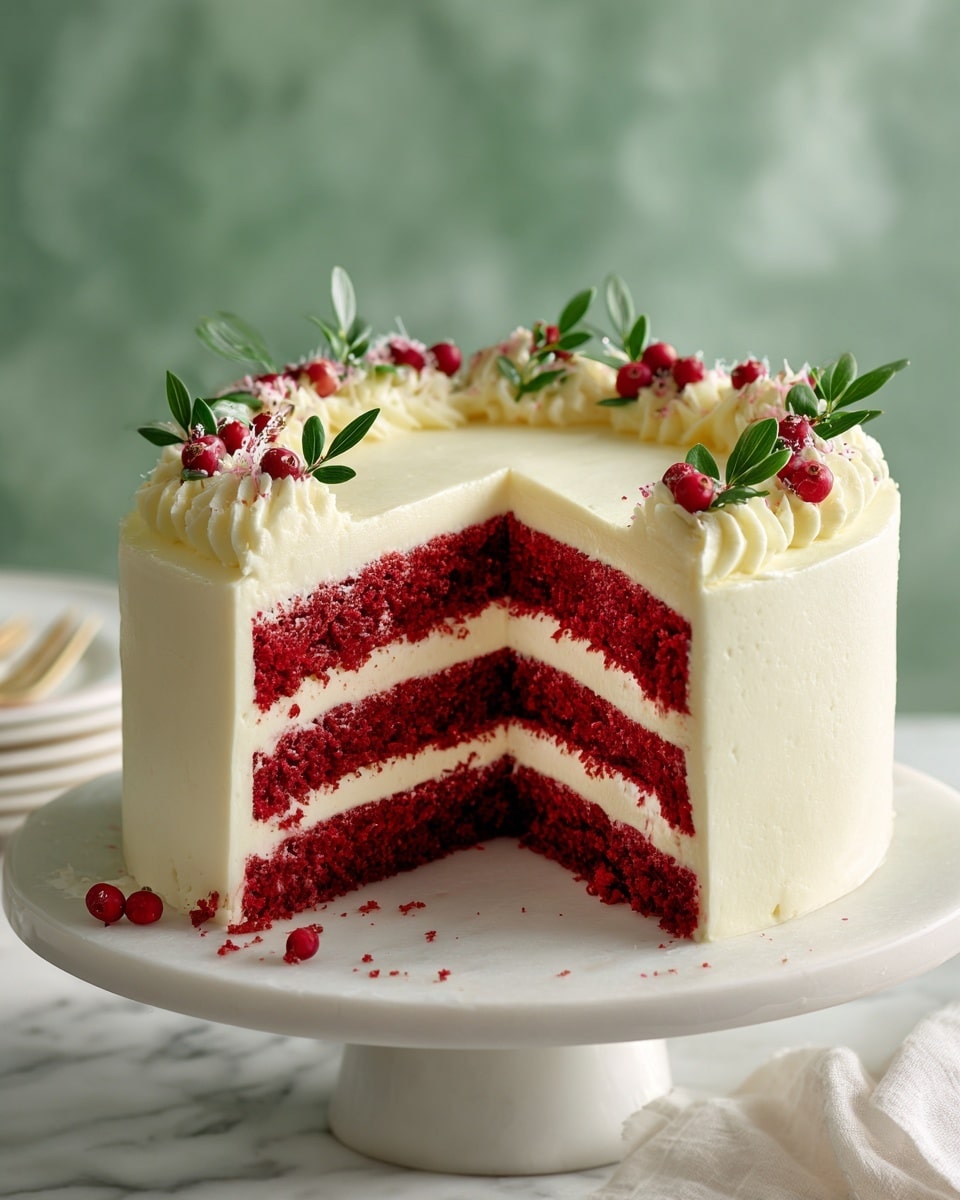 The image shows a white frosted cake with four visible layers of red sponge inside. Each layer is separated by smooth white cream. The cake is topped with small red berries and green leaves placed around the edge in a circle. There is one large slice cut out, revealing the bright red layers and creamy filling. The cake sits on a white plate on a white marbled surface. Photo taken with an iphone --ar 4:5 --v 7