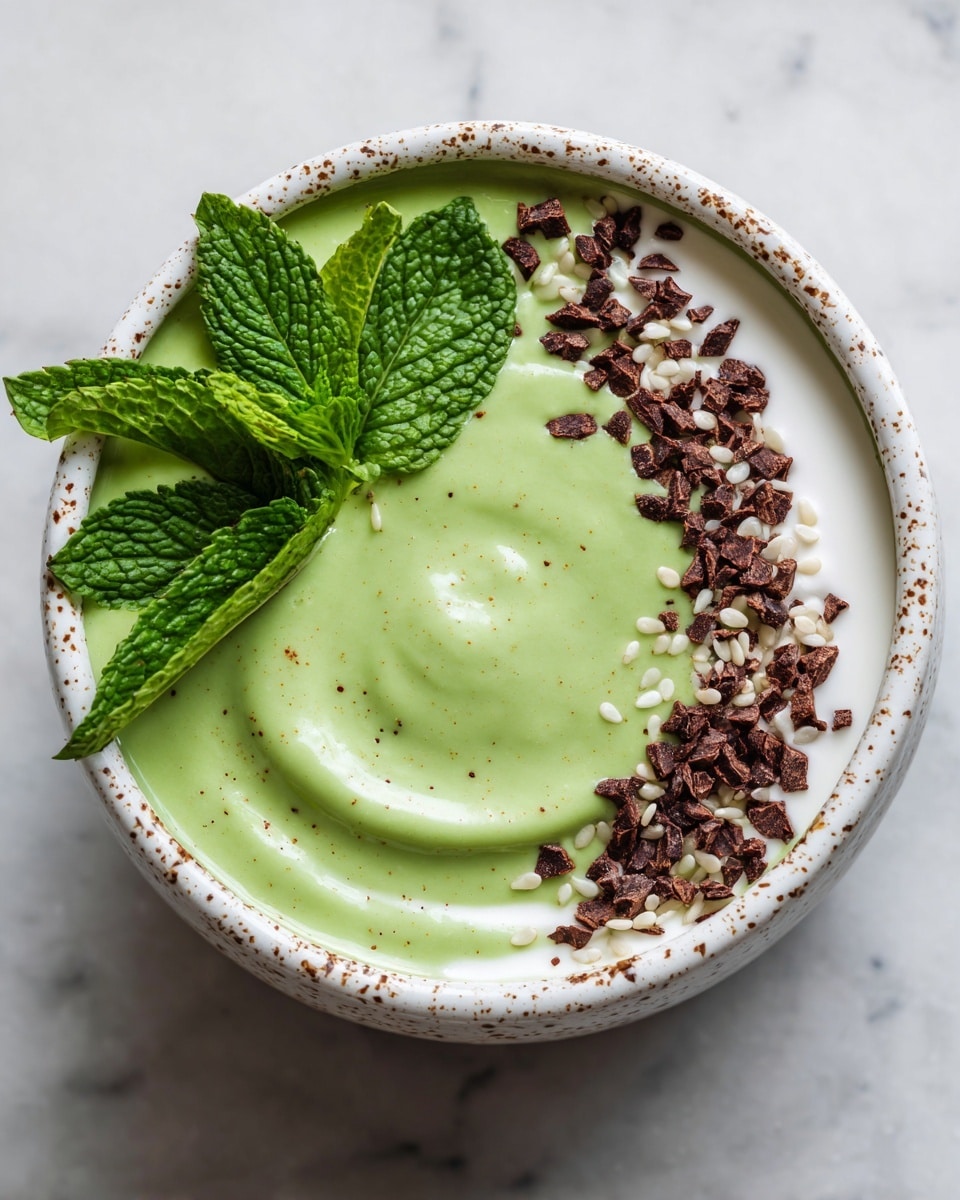 A white bowl filled with a thick, smooth green smoothie that swirls into a small peak in the center. Along the top edge of the smoothie, there is a creamy white drizzle that forms a curved line accented with scattered small white sesame seeds and dark, rough cacao nibs. Bright green mint leaves are spaced evenly along the drizzle, adding a fresh touch to the bowl. The bowl sits on a white marbled surface. photo taken with an iphone --ar 4:5 --v 7