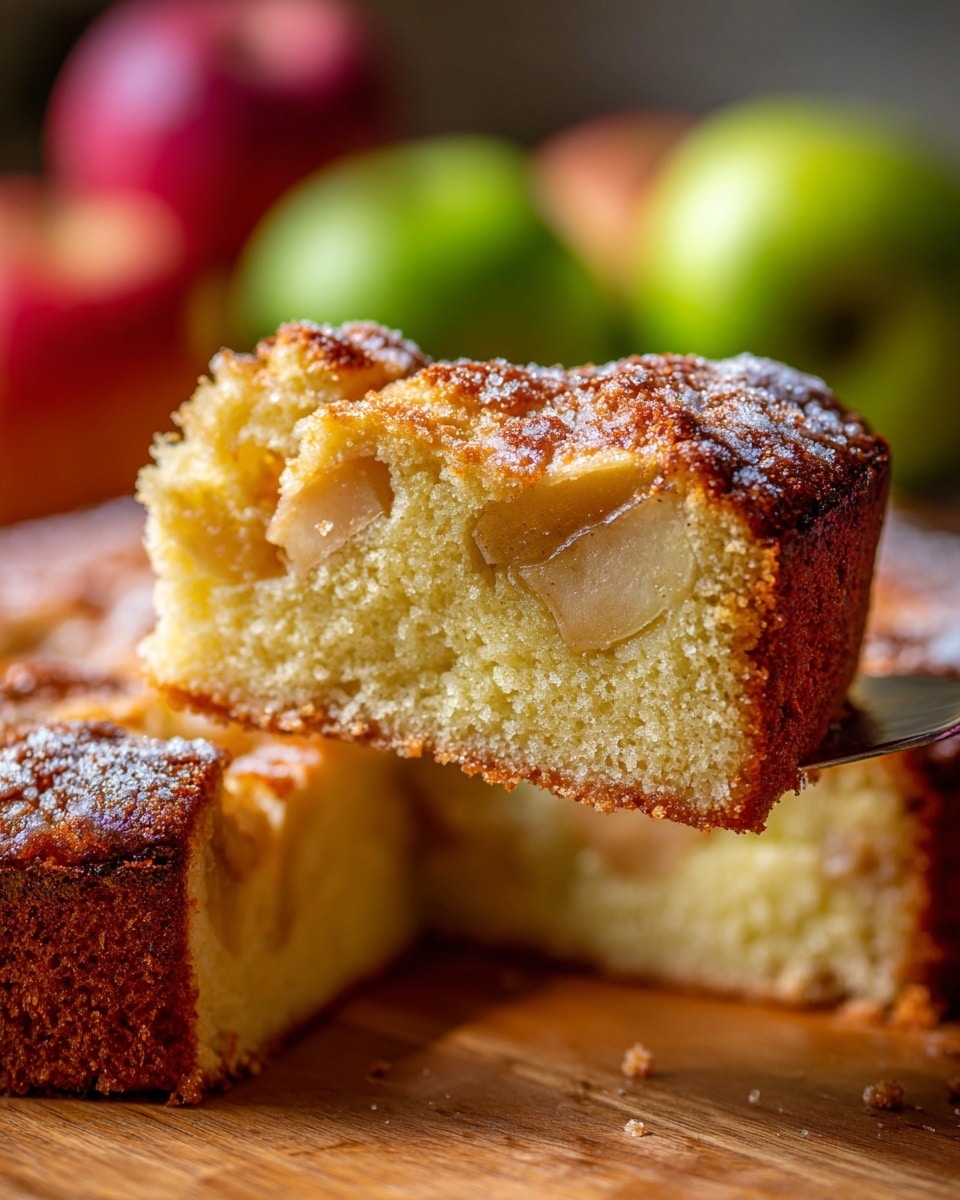 A close-up image shows a slice of moist apple cake being lifted, revealing two layers: the outer golden brown crust with a slightly rough texture and sugar crystals on top, and the inner light yellow soft crumb dotted with pieces of baked apple. The cake slice is held over a wooden surface, with blurred green and red apples in the background and a partial view of the rest of the cake nearby. Photo taken with an iphone --ar 4:5 --v 7