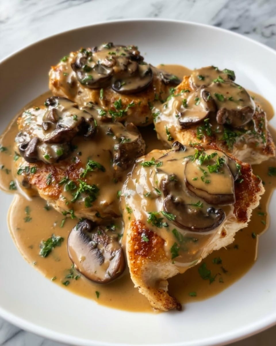 The image shows a close-up of four grilled chicken breasts arranged on a white plate, covered in a creamy mushroom sauce with sliced mushrooms visible on top. The sauce is light brown and smooth, draping over the golden-brown grilled chicken seared with slight char marks. Small green parsley pieces are sprinkled over the sauce, adding a fresh touch of color. The plate rests on a white marbled surface. Photo taken with an iphone --ar 4:5 --v 7