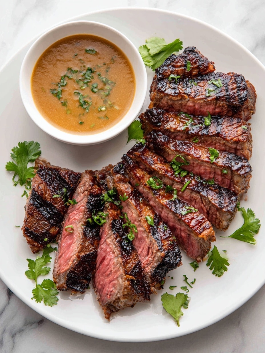 The image shows a sliced grilled steak placed on a white plate, laid out in two main layers: one large portion sliced into thick pieces and one smaller stack of thinly sliced pieces. The steak is cooked medium with a pink center, and the charred grill marks create dark brown lines across the meat's surface. Fresh green cilantro leaves are scattered on top for a pop of color and freshness. To the side, a white bowl holds a light brown sauce garnished with green herbs, resting on a white marbled surface. The scene focuses closely on the steak and bowl, capturing the juicy texture and rich colors of the dish. Photo taken with an iphone --ar 4:5 --v 7