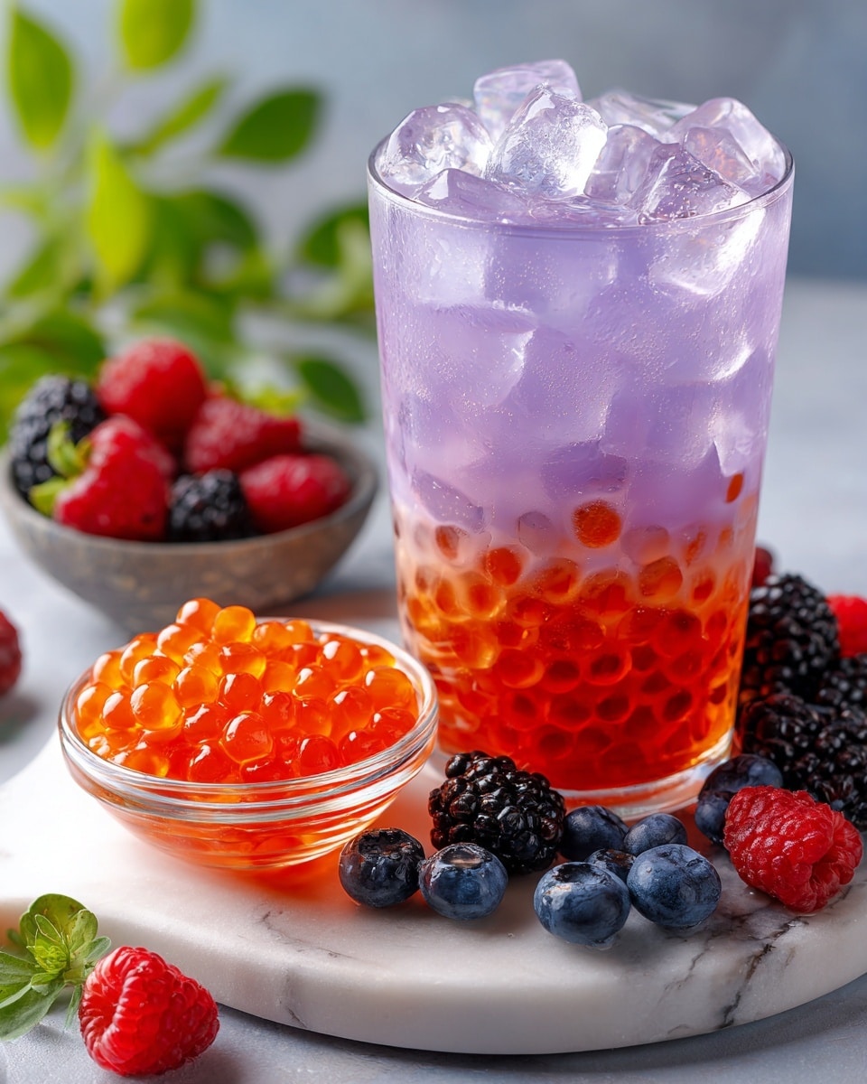 A clear glass filled with a three-layered drink sits on a white marbled round board. The bottom layer consists of dark red tapioca pearls, followed by a thick pale blue liquid as the middle layer. The top layer contains ice cubes partially submerged in the pale blue liquid. In the background, there is a clear glass holding bright orange tapioca pearls. Scattered around the board and the surface are fresh red raspberries, dark blackberries, and blue blueberries, adding color contrast. The background has a soft focus with green leafy plants. Photo taken with an iphone --ar 4:5 --v 7