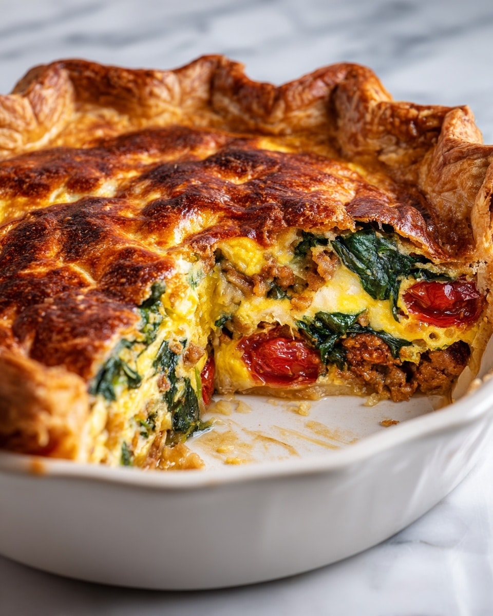 The image shows a close-up of a savory pie with one slice taken out, revealing a thick filling inside. The pie has a golden brown, flaky crust that holds a colorful filling with layers of vibrant red cherry tomato slices, wilted dark green spinach leaves, and creamy yellow eggs mixed with cheese and small bits of browned sausage. The pie sits in a white ceramic dish, and the background is a white marbled surface. The textures vary from the flaky crust to the soft, slightly bubbly filling. Photo taken with an iphone --ar 4:5 --v 7