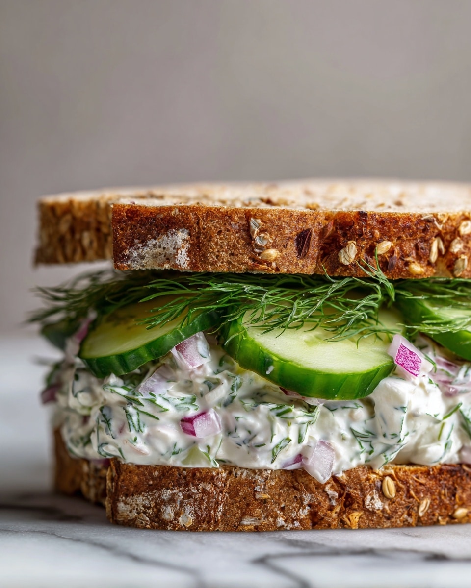 A close-up view of a sandwich made with two slices of whole grain bread, sprinkled with seeds. Between the bread slices, there are two thick layers: the bottom layer is a creamy spread mixed with small pieces of red onion and green dill, giving it a textured, slightly chunky look; on top of that sits a layer of thin cucumber slices, bright green and fresh, with some sprigs of dill resting on them. The overall color is a mix of light beige from the bread, creamy white with green and purple from the spread, and fresh green from the cucumber and dill, all on a white marbled background. Photo taken with an iphone --ar 4:5 --v 7