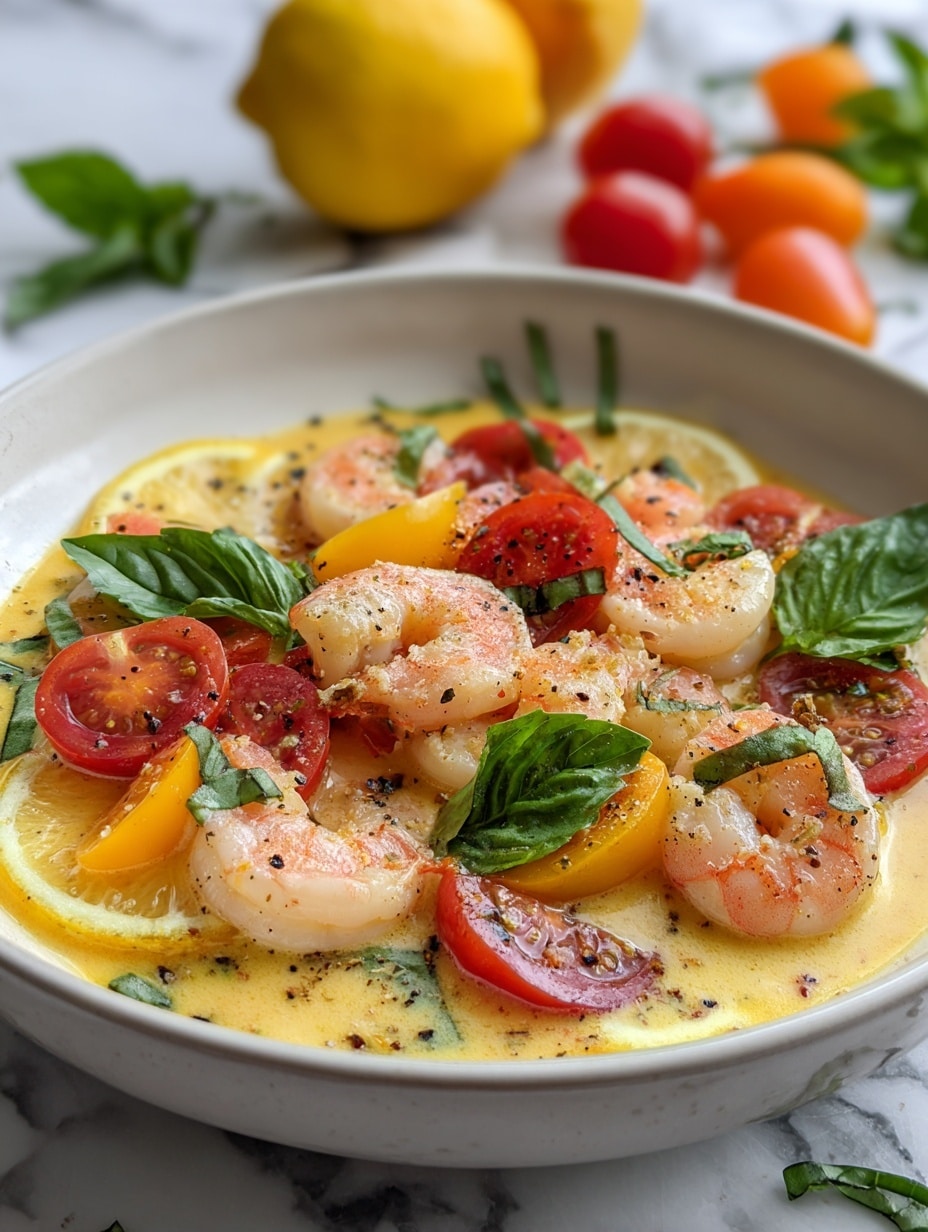 In a deep white bowl, there is a base layer of light yellow sauce with a smooth texture. On top of this are several plump, pink shrimp with slight char marks, arranged in a loose circle. Bright red cherry tomato halves and whole cherry tomatoes are scattered evenly among the shrimp. Thin, round slices of yellow lemon are placed along the edges and inside the arrangement. Fresh green basil leaves are placed on top as garnish, adding a pop of color. The dish is lightly sprinkled with black pepper and finely chopped herbs. The background shows a white marbled texture with whole cherry tomatoes and a lemon blurred behind. Photo taken with an iphone --ar 4:5 --v 7