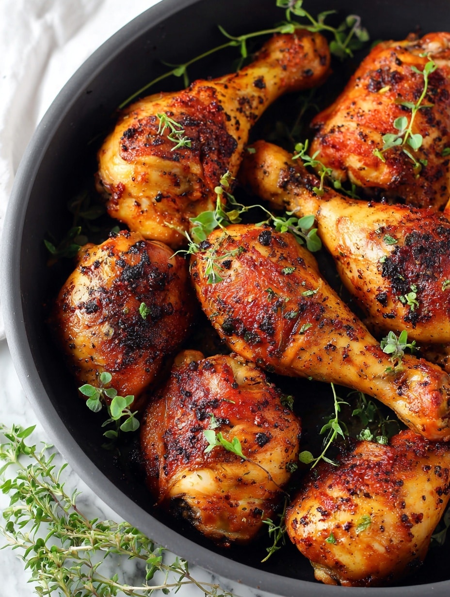 A close-up view of a black pan filled with nine pieces of golden-brown roasted chicken drumsticks and thighs. Each piece has a crispy, slightly charred skin with black pepper and herb seasoning, giving a rich texture. Small green herb leaves are scattered over the chicken, adding freshness and color contrast. The pan is resting on a white marbled texture surface, and some fresh green herbs peek from the bottom left corner outside the pan. Photo taken with an iphone --ar 4:5 --v 7
