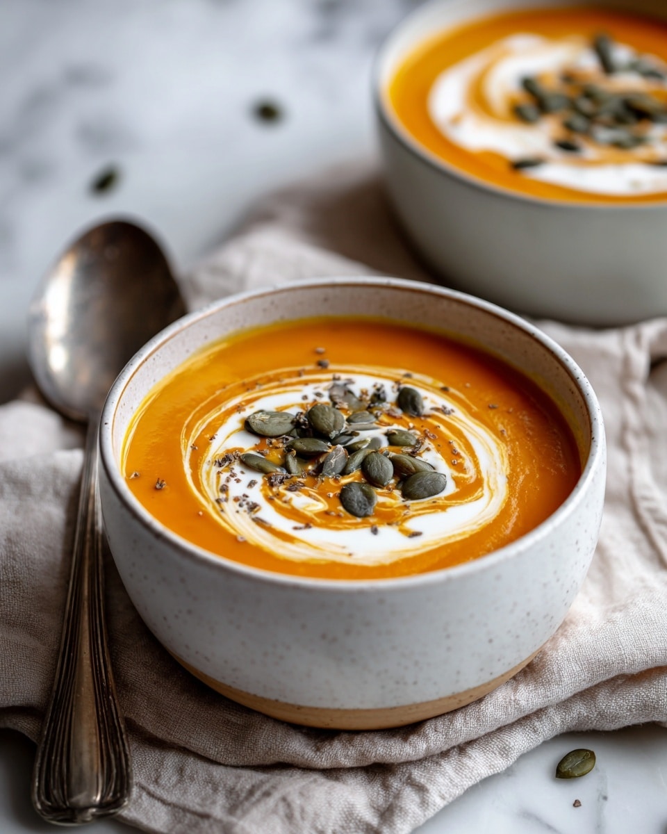 Two white bowls of smooth, bright orange pumpkin soup sit on a soft beige cloth over a white marbled surface. Each bowl has a swirl of white cream on top, forming two circular layers: a thin outer ring and a thicker inner circle. In the center of the cream, there are scattered green pumpkin seeds and small black pepper specks, adding texture and color contrast. A silver spoon lies beside the nearest bowl on the cloth, with two bulbs of garlic blurred in the background. The lighting is soft and natural, highlighting the creamy texture of the soup. Photo taken with an iphone --ar 4:5 --v 7