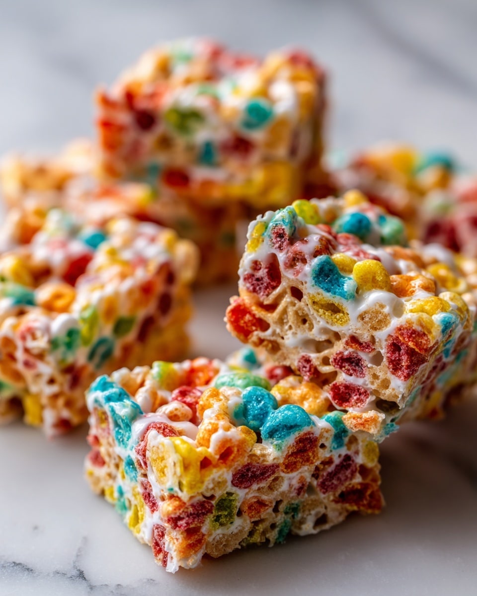 A close-up view of square Fruity Pebbles Rice Krispie Treats arranged on a white marbled surface, each piece showing a thick, gooey layer of marshmallow holding brightly colored cereal pieces together with vivid reds, yellows, greens, blues, and oranges; the treats appear sticky with stringy marshmallow threads connecting them slightly, highlighting their chewy texture and vibrant, multi-colored cereal coating on top with a slightly uneven surface. photo taken with an iphone --ar 4:5 --v 7