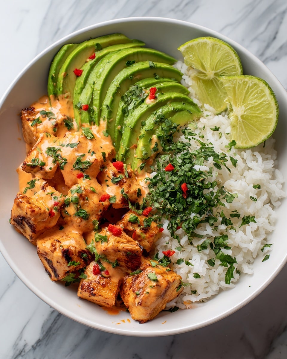 This image shows a white bowl filled with three main layers. On the left side, there are slices of green avocado neatly lined up, with some chopped green herbs sprinkled on top. In the middle, grilled chicken pieces with a golden-brown color sit in an orange creamy sauce, garnished with red chili drops and green herbs scattered over them. On the right, there is a portion of white steamed rice, soft and fluffy, also topped with fresh chopped green herbs and a few drops of red chili sauce. Two lime wedges rest on top of the rice near the back of the bowl. The bowl is placed on a white marbled surface, and part of a half avocado with its seed is visible to the right side of the bowl. photo taken with an iphone --ar 4:5 --v 7