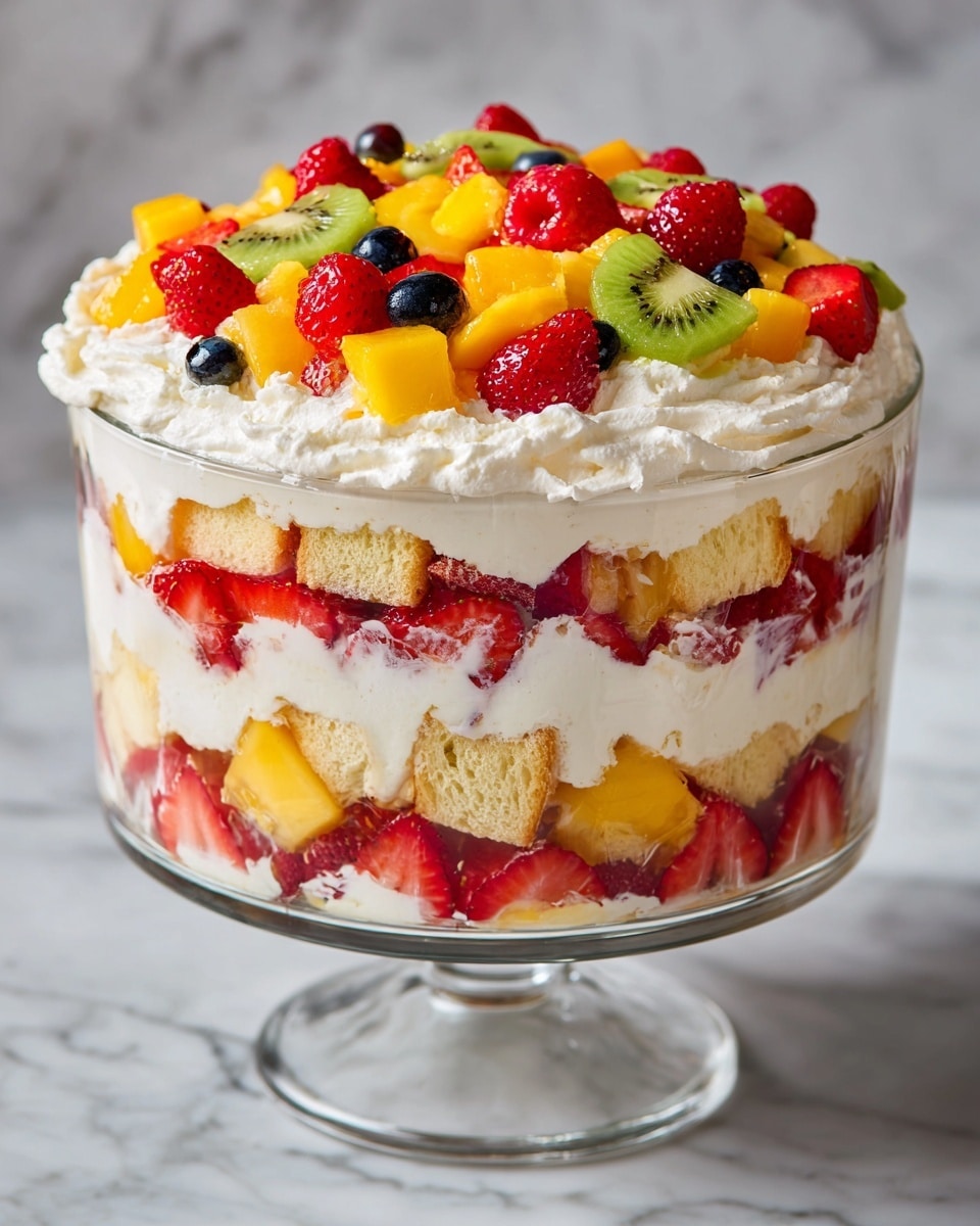 The image shows a clear glass bowl filled with a layered fruit trifle placed on a white marbled surface. The bottom layer is light yellow cake pieces, followed by a thick white whipped cream layer. Above that is a layer of red strawberries mixed in the cream. The top layer is a generous spread of white whipped cream, decorated with colorful fresh fruit pieces including red raspberries, red strawberries, yellow mango slices, green kiwi slices, and small dark blueberries scattered evenly. The fruits are arranged to cover the surface, creating a vibrant, fresh look. Photo taken with an iphone --ar 4:5 --v 7