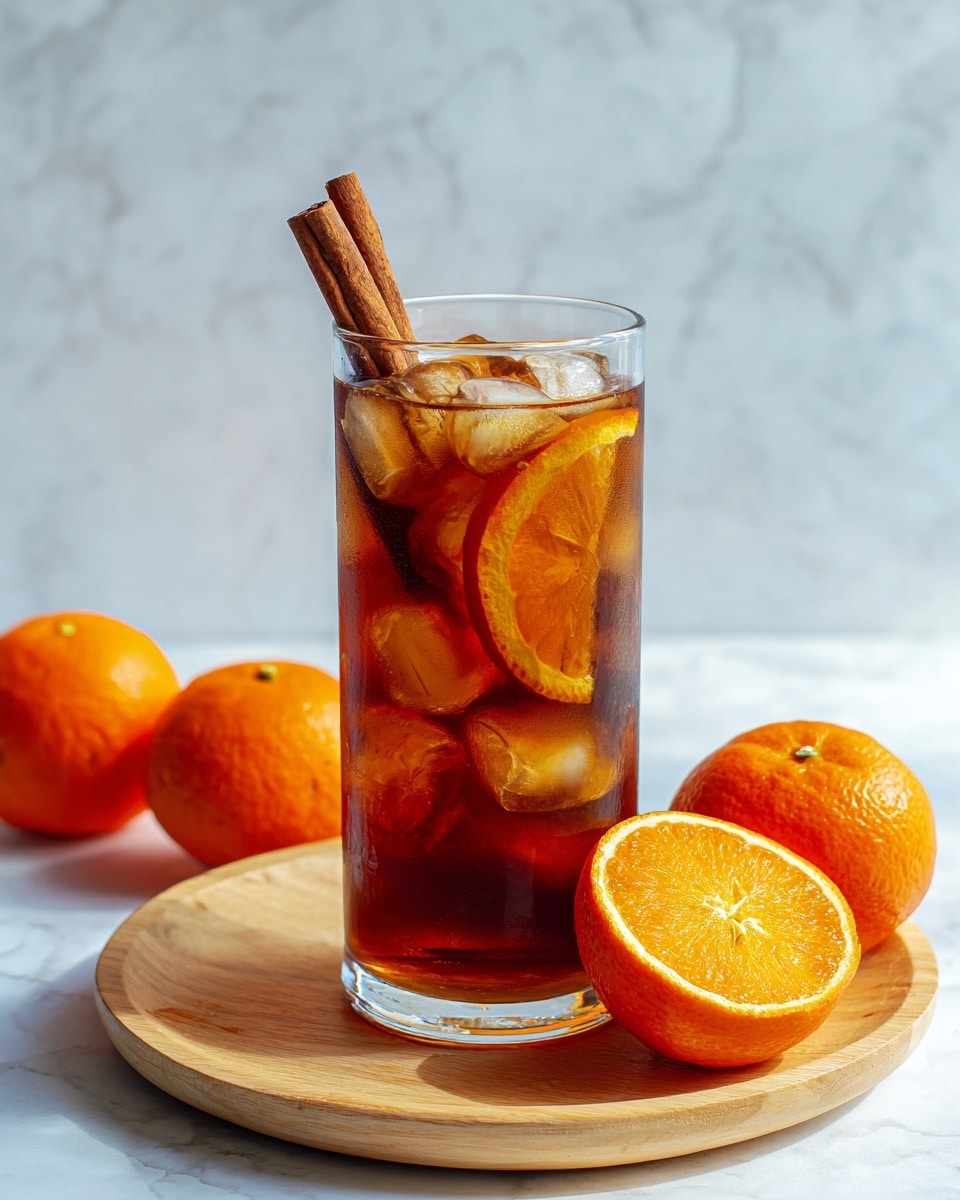 A tall clear glass filled with iced brown tea, with visible ice cubes and a thin orange slice inside the glass near the top. Two cinnamon sticks are placed upright inside the glass, slightly leaning against the rim. The glass is on a round wooden board, with several whole bright orange oranges and a halved orange showing its juicy interior placed around the glass. The background is a white marbled surface. photo taken with an iphone --ar 4:5 --v 7