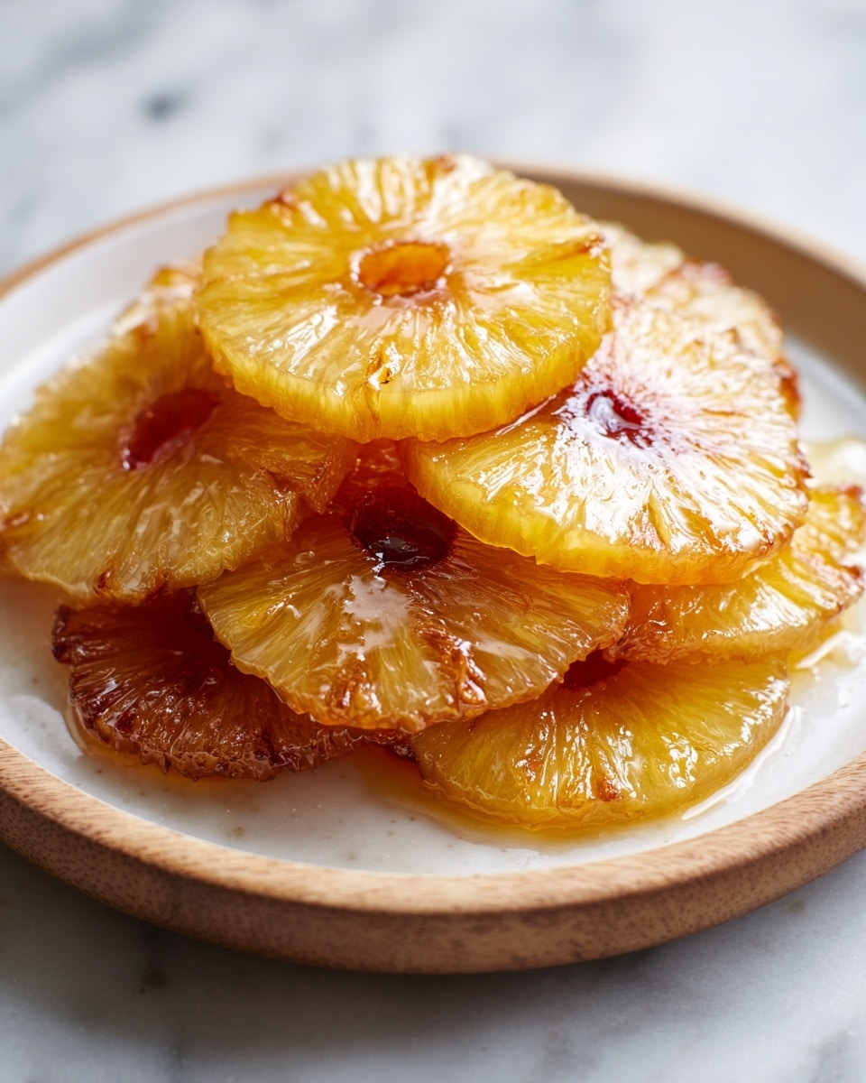 The image shows a white bowl filled with several round, thin slices of golden-yellow fried bananas, each with a slightly browned edge and a translucent center where the banana's natural pattern is visible. The slices are stacked loosely in the bowl, glistening with a light coating of honey or syrup that gives a shiny texture on top. The bowl sits on a white marbled surface with a slightly blurred background that includes hints of green leaves and bright purple flowers, adding a natural and fresh touch. photo taken with an iphone --ar 4:5 --v 7