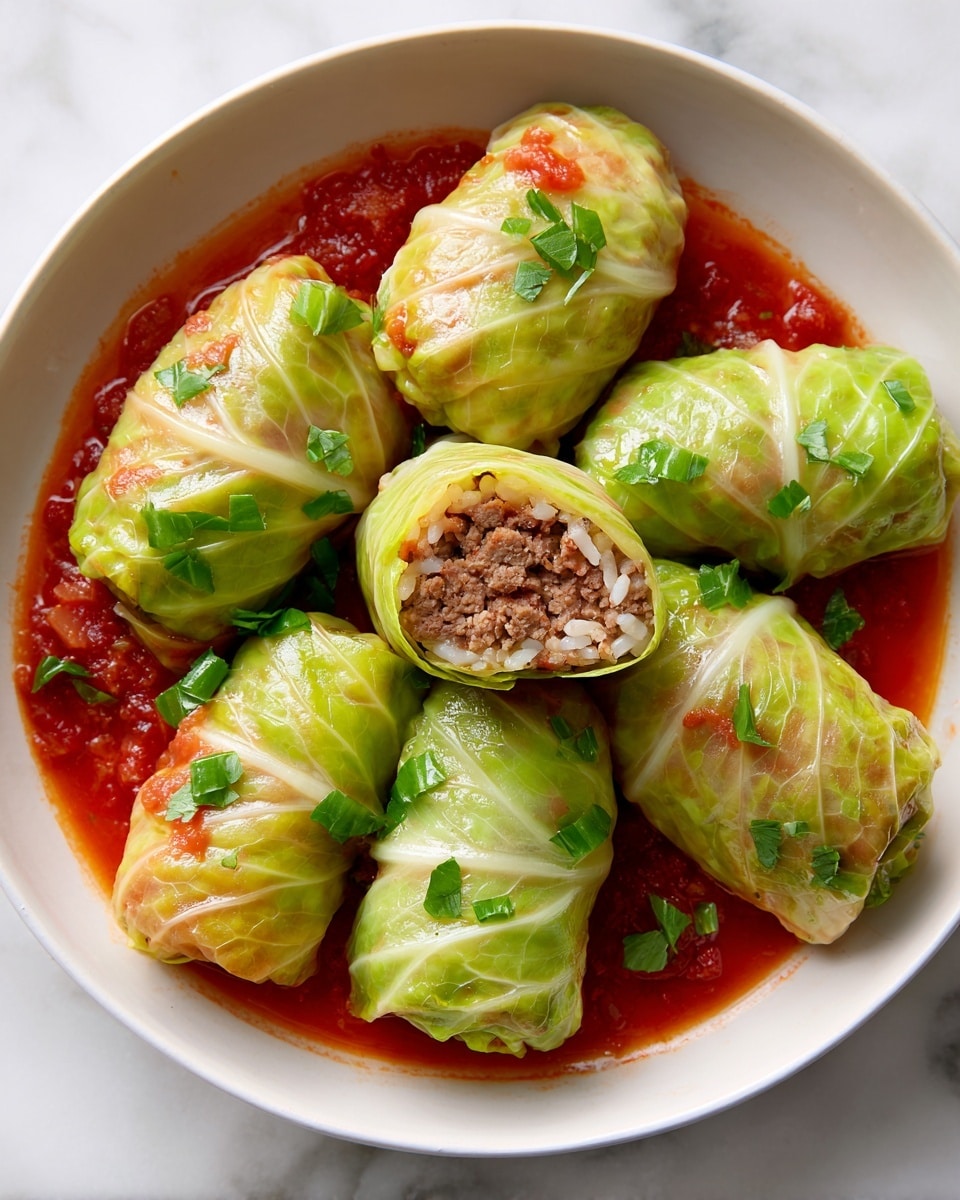 The image shows a white bowl filled with several cabbage rolls, each wrapped in translucent green cabbage leaves that reveal a soft texture with visible veins. The rolls are placed on a layer of red tomato sauce, which lightly coats them and pools at the bottom of the bowl. One cabbage roll is cut open at the front center, showing a filling made of cooked ground meat mixed with rice and small bits of tomato, with a crumbly and moist texture. Small green parsley pieces are scattered on top of the rolls and sauce, adding fresh color contrast. All is set on a white marbled surface. photo taken with an iphone --ar 4:5 --v 7