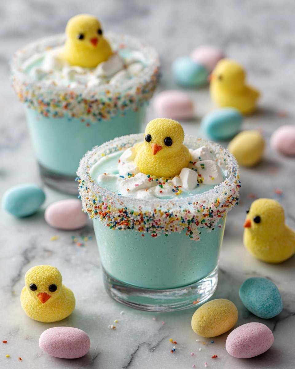 The image shows two clear cocktail glasses filled with a light blue drink. Each glass has a rim covered in colorful sprinkles. On top of each drink sits a small yellow marshmallow shaped like a bunny, with tiny eyes and a nose. Around the glasses, there are several pastel-colored marshmallow eggs in pink, blue, and purple. The scene is set on a white marbled surface with soft pink flowers blurred in the background, giving a festive, springtime feel. Photo taken with an iphone --ar 4:5 --v 7
