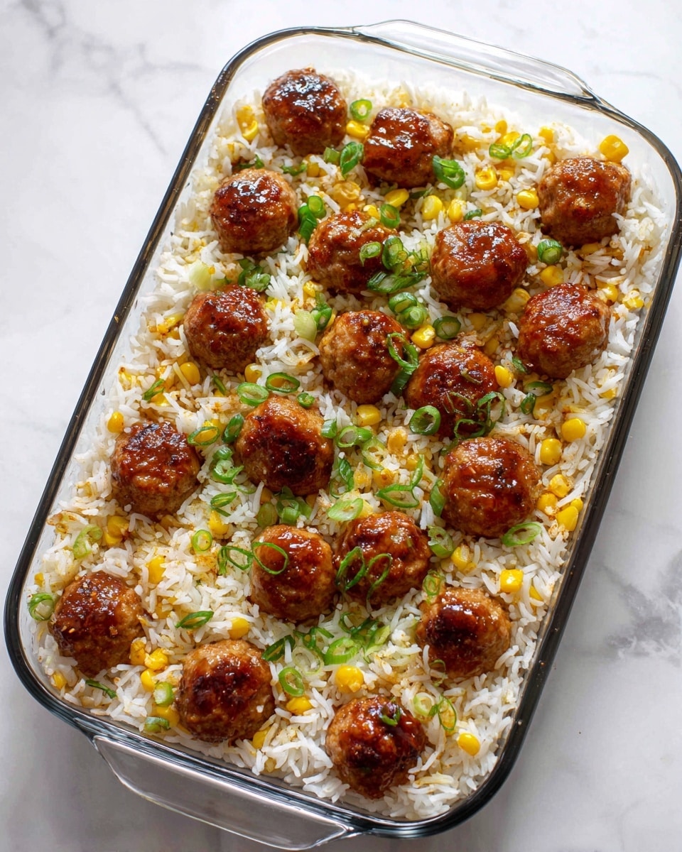 A clear glass baking dish filled with a base layer of cooked white rice mixed with small yellow corn pieces and scattered chopped green onions. On top of the rice, several small, browned meatballs with a shiny glaze are evenly spaced, their caramelized tops catching the light. The dish is set on a white marbled surface, creating a clean and bright background. photo taken with an iphone --ar 4:5 --v 7