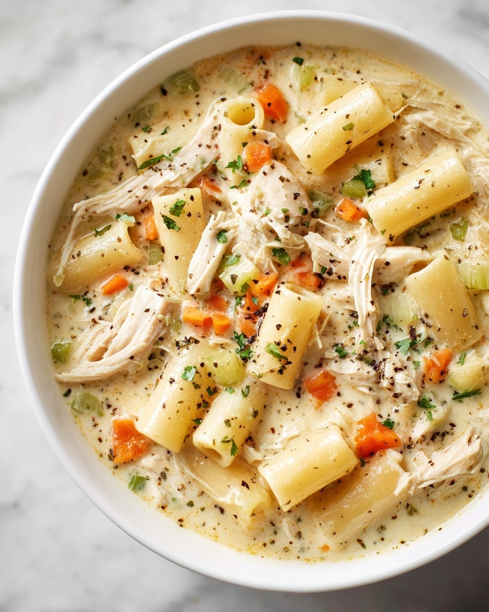 A close-up of a bowl with creamy soup containing three main layers: shredded white chicken pieces on top, orange carrot chunks scattered throughout, and small white pasta rings submerged in the creamy orange broth. The soup is sprinkled with green herbs and black pepper flakes, adding texture and color contrast. The bowl is white, placed on a white marbled surface. Photo taken with an iphone --ar 4:5 --v 7