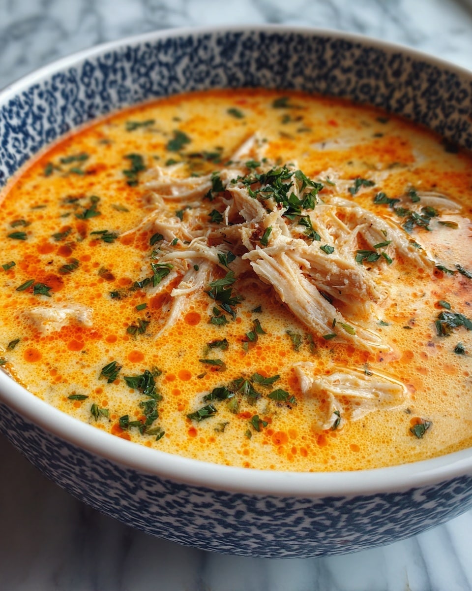 A close-up of a blue bowl filled with creamy orange soup that has a rich texture with small chunks of food in it. In the center, there is a small pile of shredded light brown meat, topped with fresh green herbs. The surface of the soup shows specks of red oil and green herb bits scattered around. The bowl is placed on a white marbled surface, showing off its dark blue exterior with a subtle pattern. Photo taken with an iphone --ar 4:5 --v 7