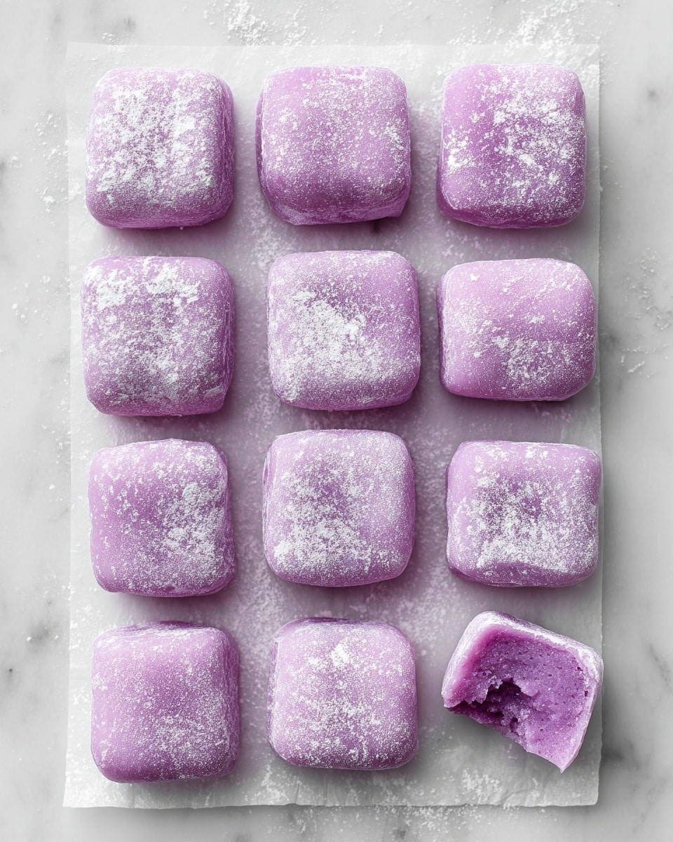 This image shows several small, square-shaped purple pieces of dough or pastry arranged in four rows on white parchment paper. Each piece has a soft, slightly rough texture with a light dusting of white powder on top. The pieces are uniform in size, with one piece in the third row having a bite taken out, revealing a smooth purple inside. The edges of the pieces are rounded and they sit closely together on the parchment paper, which rests on a white marbled surface. photo taken with an iphone --ar 4:5 --v 7