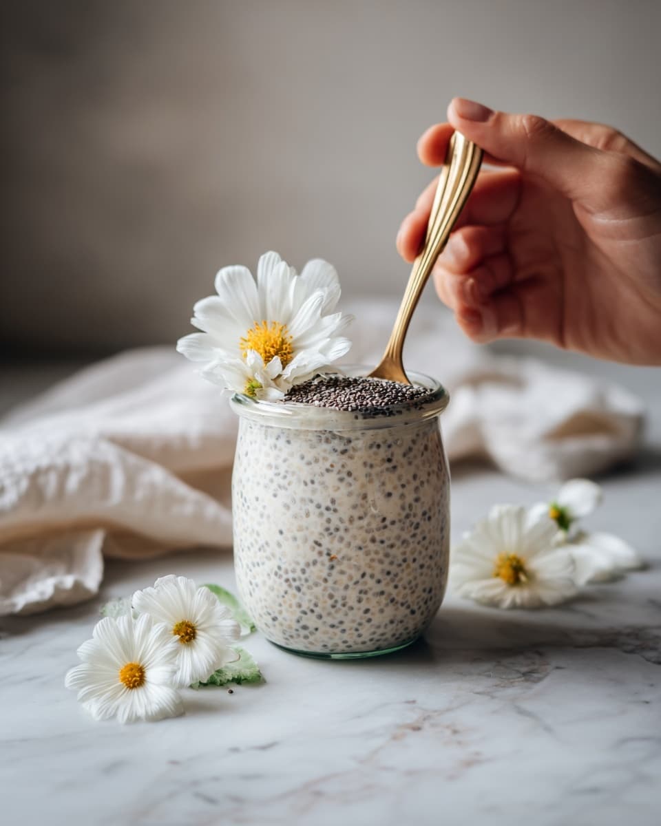 Two clear glass jars filled with light beige chia pudding dotted with black chia seeds. The jar in front is topped with a layer of black chia seeds spread on one side and three white flowers with yellow centers placed on the other side. A vintage bronze spoon is placed inside the jar. A woman's hand is gently holding the jar near the flowers. The second jar in the background is similar but has no decoration. The jars are placed on a white marbled surface next to a white cloth and some loose white flowers. Photo taken with an iphone --ar 4:5 --v 7