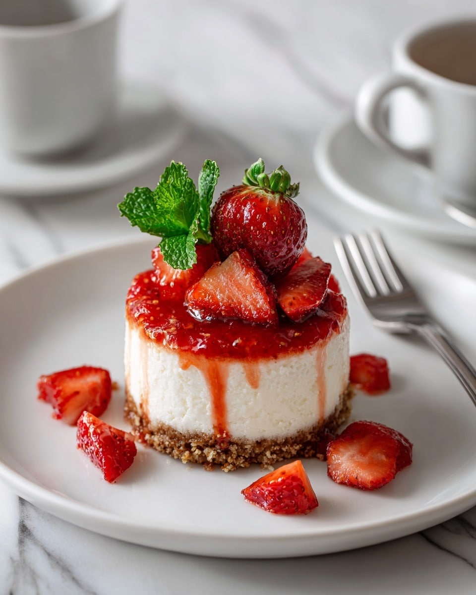 A small round cheesecake with three visible layers sits on a white plate over a white marbled texture. The bottom layer is a crumbly brown crust, the middle layer is thick creamy white cheesecake, and the top is covered with bright red strawberry sauce that drips down the sides. Fresh strawberry pieces are placed on top, with a large whole strawberry and a small green mint leaf crowning the dessert. A silver fork rests on the right side of the plate. Photo taken with an iphone --ar 4:5 --v 7