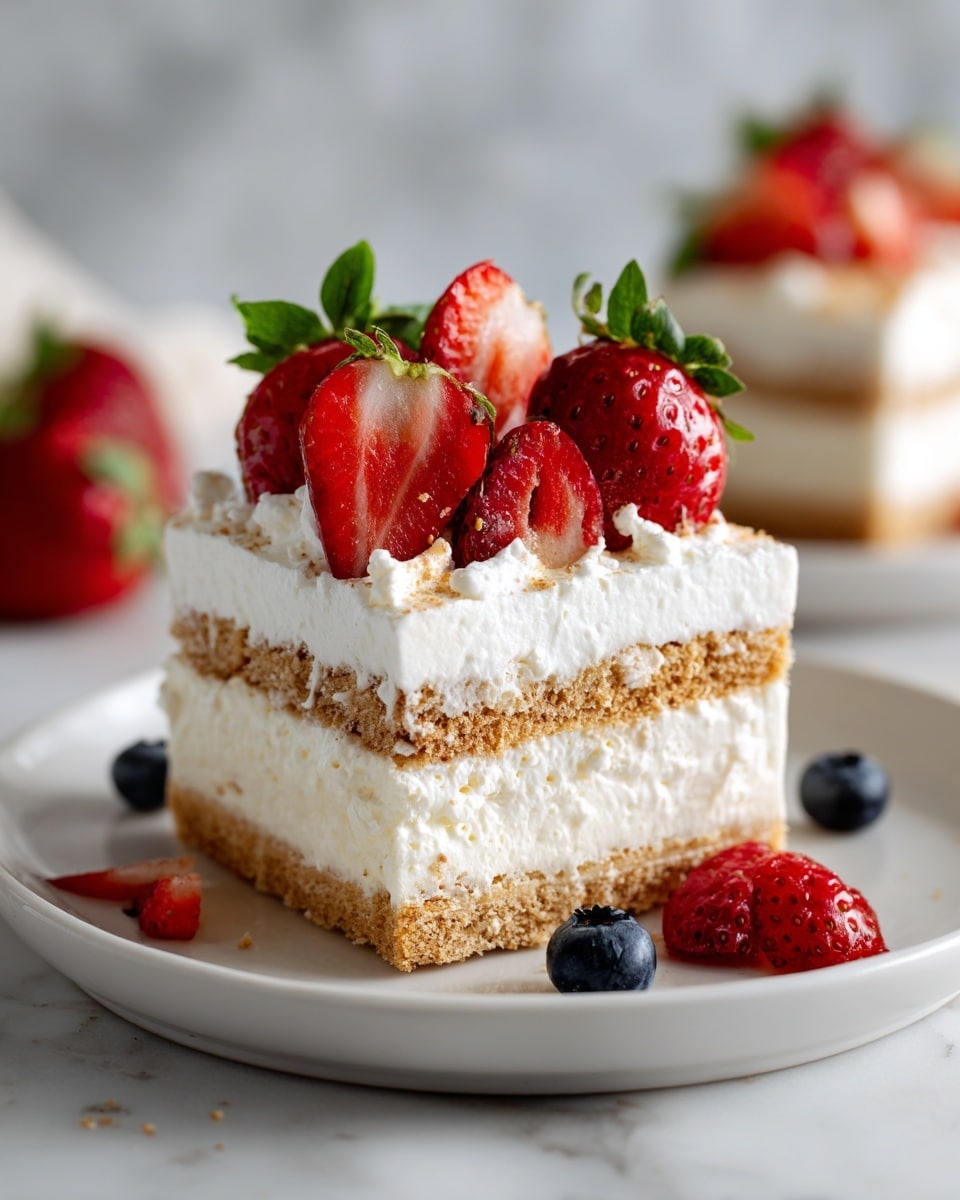 A two-layer dessert with a golden, crumbly biscuit base filled with bits of dark berries, each biscuit layer separated by a thick, white cream with visible small vanilla specks; the top layer of cream is crowned with three whole red strawberries and one strawberry cut in half, showing its juicy inside, with a few blueberries and strawberry pieces scattered around the base on the white plate, all set against a soft pink background on a white marbled surface. photo taken with an iphone --ar 4:5 --v 7