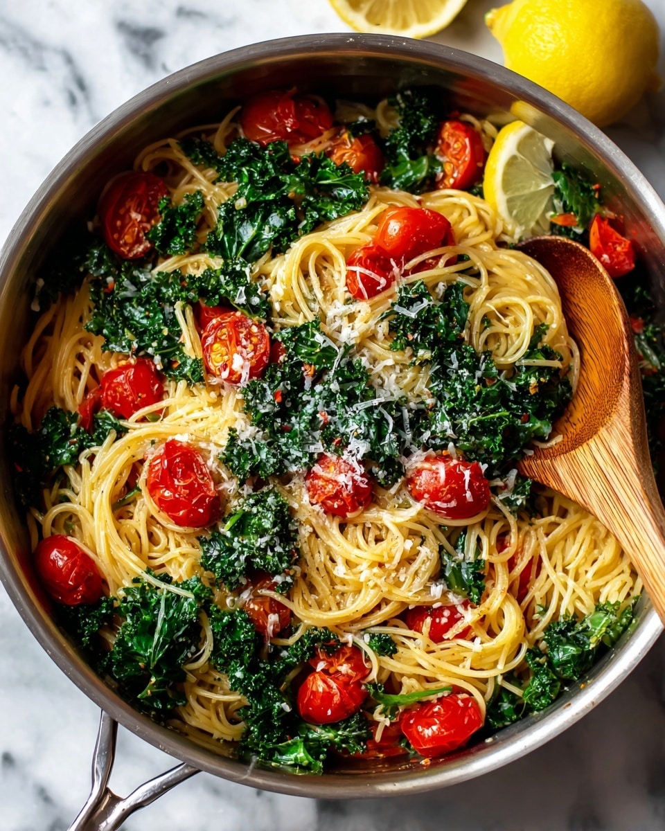 A metal pot contains a pasta dish with three main layers: the bottom layer has long, light yellow spaghetti noodles forming a tangled base; scattered throughout are bright red cherry tomatoes, some whole and some halved, adding pops of color; mixed among the noodles and tomatoes are dark green kale leaves with a rough texture, evenly spread. On top, a light sprinkling of white grated cheese dusts the vegetables and pasta. A wedge of lemon with pale yellow flesh rests near the edge of the pot, beside a wooden spoon partially placed in the noodles. The pot is set on a white marbled surface. Photo taken with an iphone --ar 4:5 --v 7