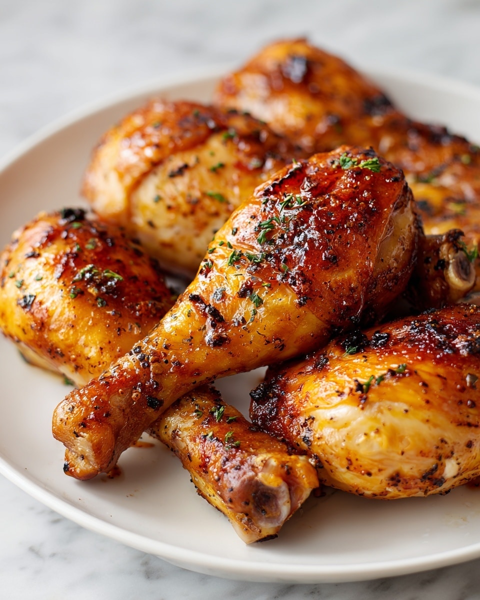 Four roasted chicken drumsticks are arranged close together on a white plate. Each drumstick has a golden-brown crispy skin with darker charred spots and scattered herbs. The texture looks slightly shiny and juicy with a mix of light brown and deeper orange hues from the roasting. The plate sits on a white marbled surface that is softly lit. photo taken with an iphone --ar 4:5 --v 7