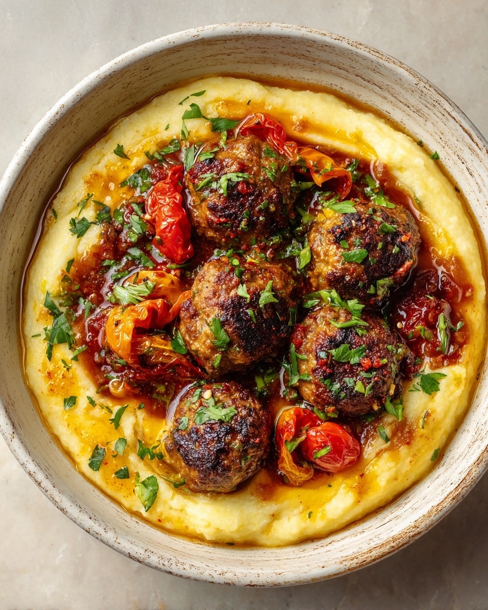 A white bowl filled with a base layer of creamy mashed potatoes with a slightly chunky texture and light beige color. On top, there are seven browned meatballs with a shiny, slightly crispy surface, arranged close together in the center. Interspersed among the meatballs are small, bright red cherry tomato halves and slices of cooked orange bell peppers, adding bright color. The dish is finished with a sprinkling of chopped fresh green herbs evenly covering the meatballs and vegetables. A rich, dark brown sauce with a glossy texture pools around the base, partially soaking into the mashed potatoes. Photo taken with an iphone --ar 4:5 --v 7
