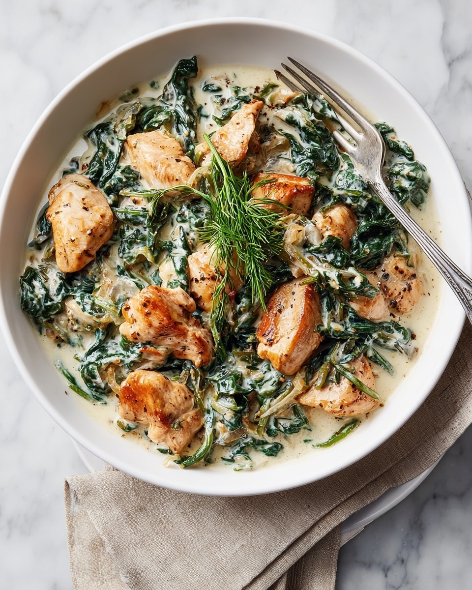 The dish is served in a white bowl and shows several pieces of golden-brown cooked chicken mixed with bright green spinach leaves, all coated in a creamy white sauce with a smooth texture. The chicken pieces are scattered on top, with some browned edges adding a crispy look, while the spinach provides a fresh green contrast beneath the sauce. A small sprig of fresh green herbs is placed in the center for decoration. The bowl rests on a white marbled surface next to a silver fork and a folded light yellow cloth. Photo taken with an iphone --ar 4:5 --v 7