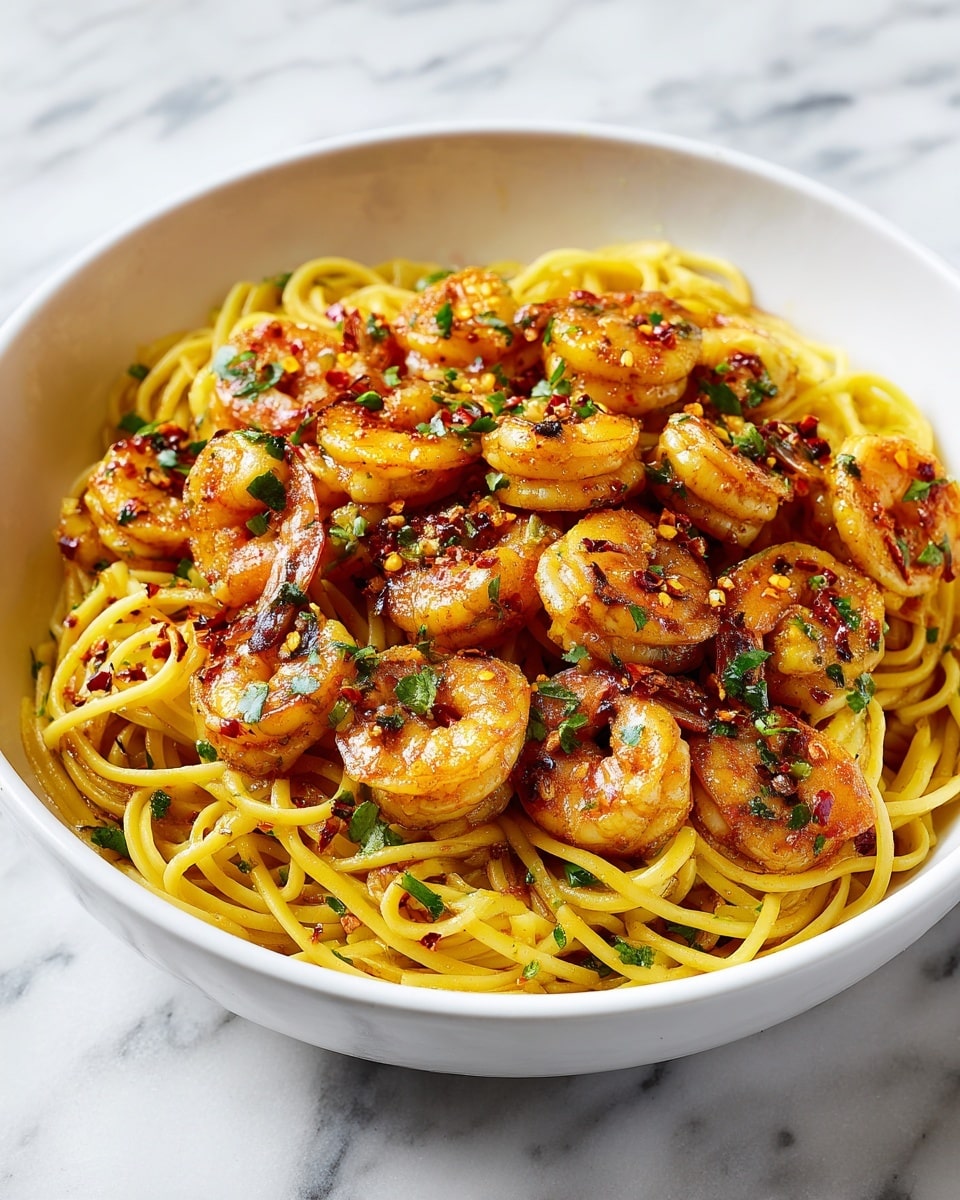 A white bowl filled with a bed of yellow spaghetti pasta, lightly coated with a glossy sauce; on top, there are several grilled shrimp with a reddish-orange color and slight char marks, sprinkled with green chopped herbs and small pieces of red chili. The shrimp are arranged in a loose pile over the pasta, showcasing their curved shape and juicy texture. The bowl is placed on a white marbled surface. photo taken with an iphone --ar 4:5 --v 7