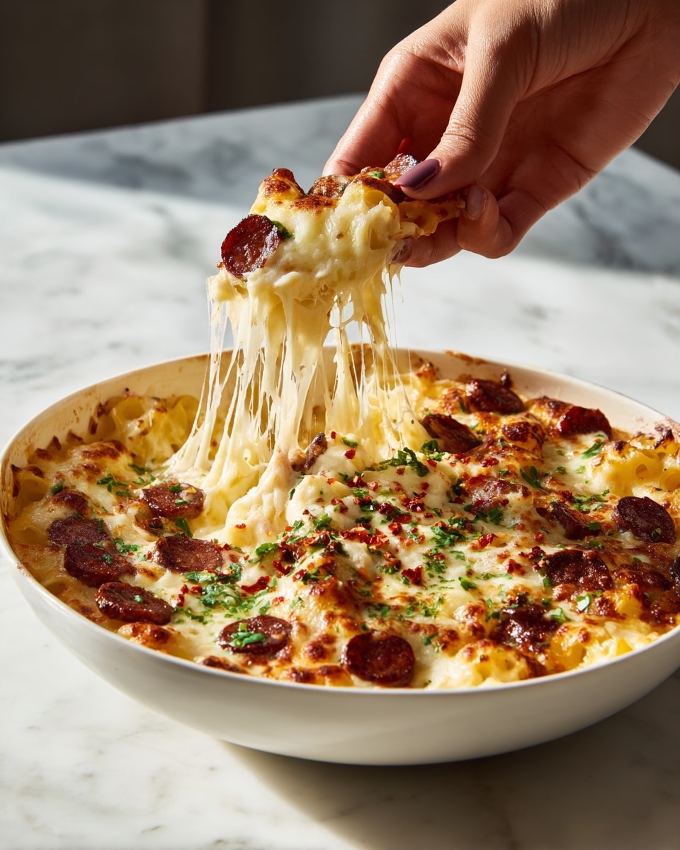 A close-up image of a white bowl filled with baked gnocchi covered with melted cheese stretching as a woman's hand lifts a spoonful. The gnocchi pieces are golden and slightly browned on top, mixed with slices of browned sausage scattered throughout. The cheese is creamy and gooey, topping the dish with bits of green herbs and small red chili flakes spread evenly on top. The bowl sits on a white marbled surface. Photo taken with an iphone --ar 4:5 --v 7
