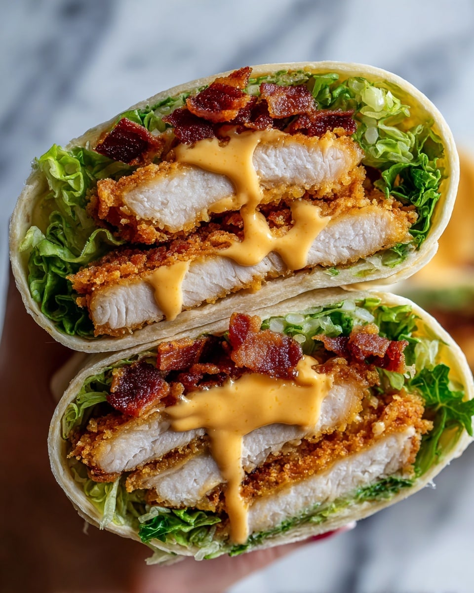 A close-up of a wrap cut in half showing many layers, starting from fresh green leafy lettuce as the base, topped with crispy golden-brown fried chicken pieces stacked in the center, covered with creamy orange cheese sauce dripping slightly, and scattered crispy dark brown bacon bits on top. The wrap is soft and light beige with a slightly wrinkled texture, wrapped tightly around the fillings. The background is a white marbled surface. photo taken with an iphone --ar 4:5 --v 7