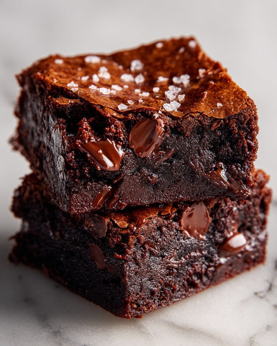 The image shows a close-up of several thick, square brownies stacked slightly on a white marbled surface. Each brownie has a shiny, cracked top layer with a rich dark brown color and scattered chunks of melted chocolate, adding texture and depth. Some pieces have a few coarse salt flakes sprinkled on top, enhancing the look. The interior layers are dense and moist with a deep chocolate color, contrasting with the crispy, glossy crust on the outside. The brownies appear soft and gooey inside, with chocolate chips melting into the batter. Photo taken with an iphone --ar 4:5 --v 7